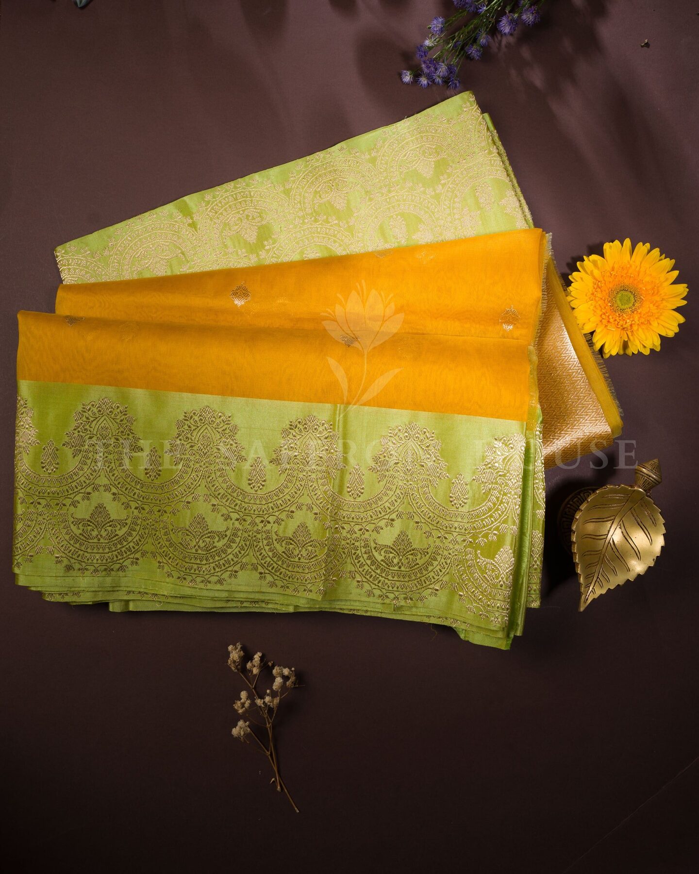 Yellow And Lime Green Kora Banarasi Silk Saree – The Saffron House