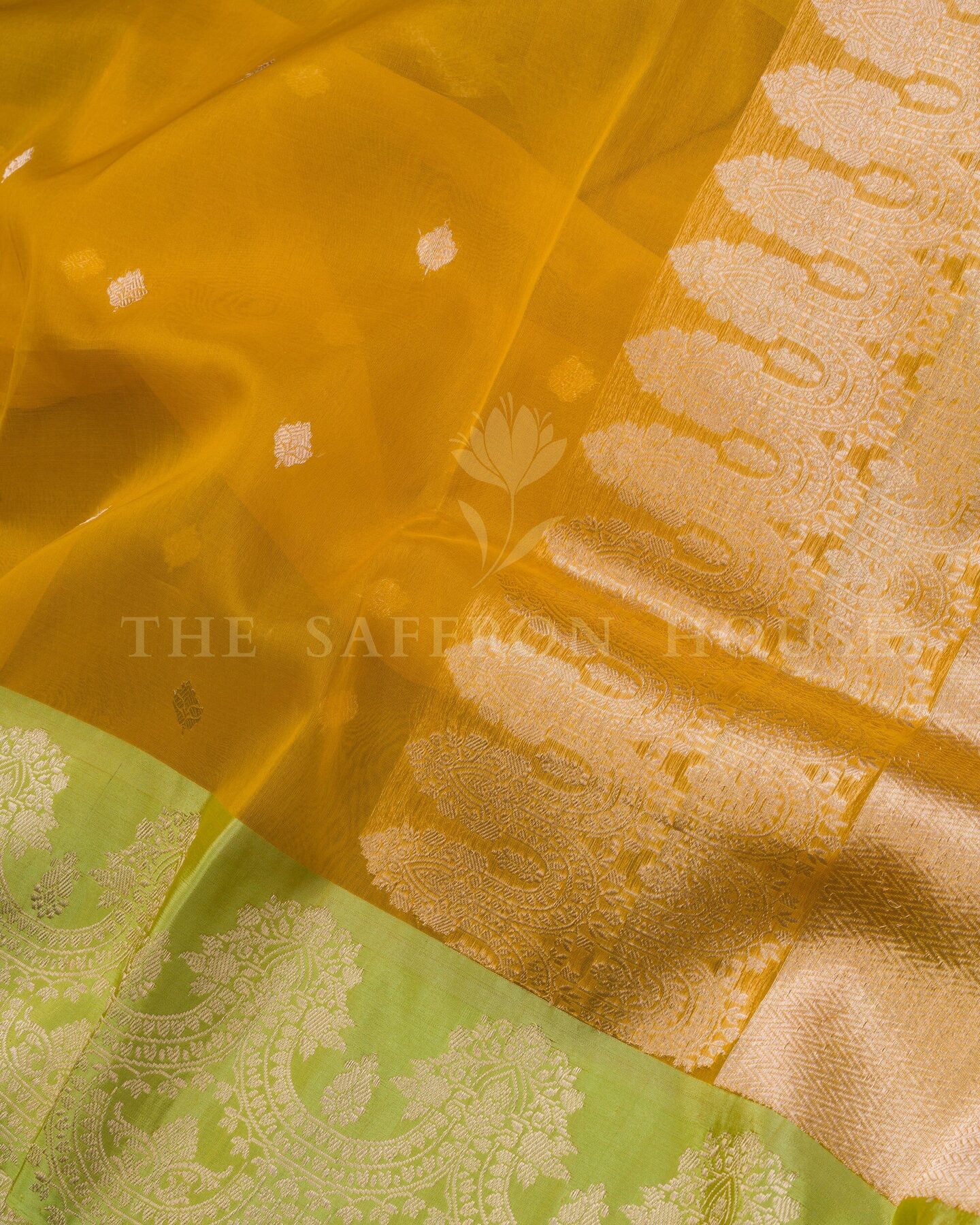 Yellow And Lime Green Kora Banarasi Silk Saree – The Saffron House