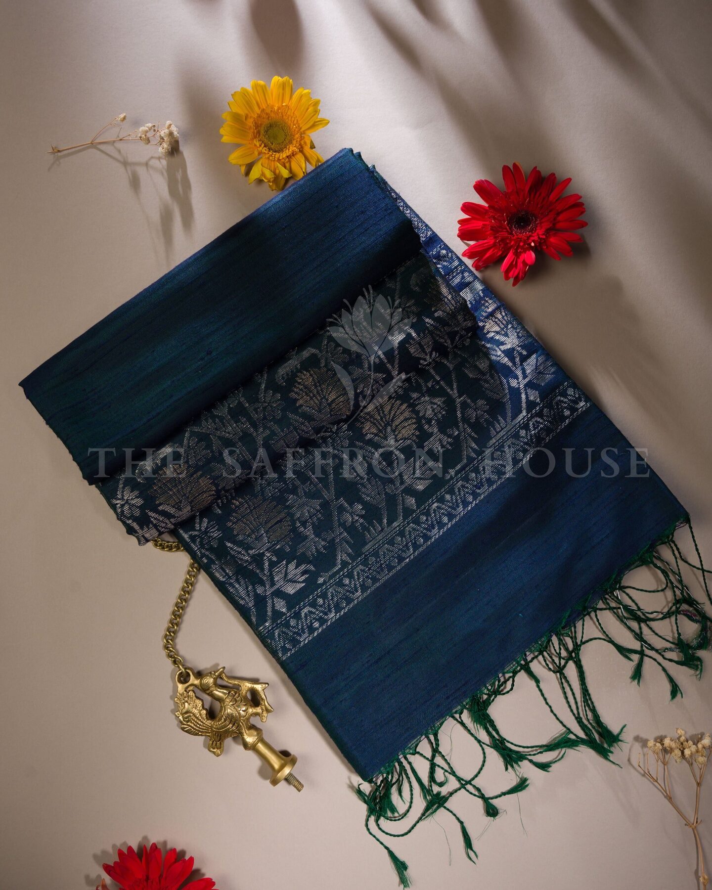 Midnight Blue Tussar Silk Saree – The Saffron House