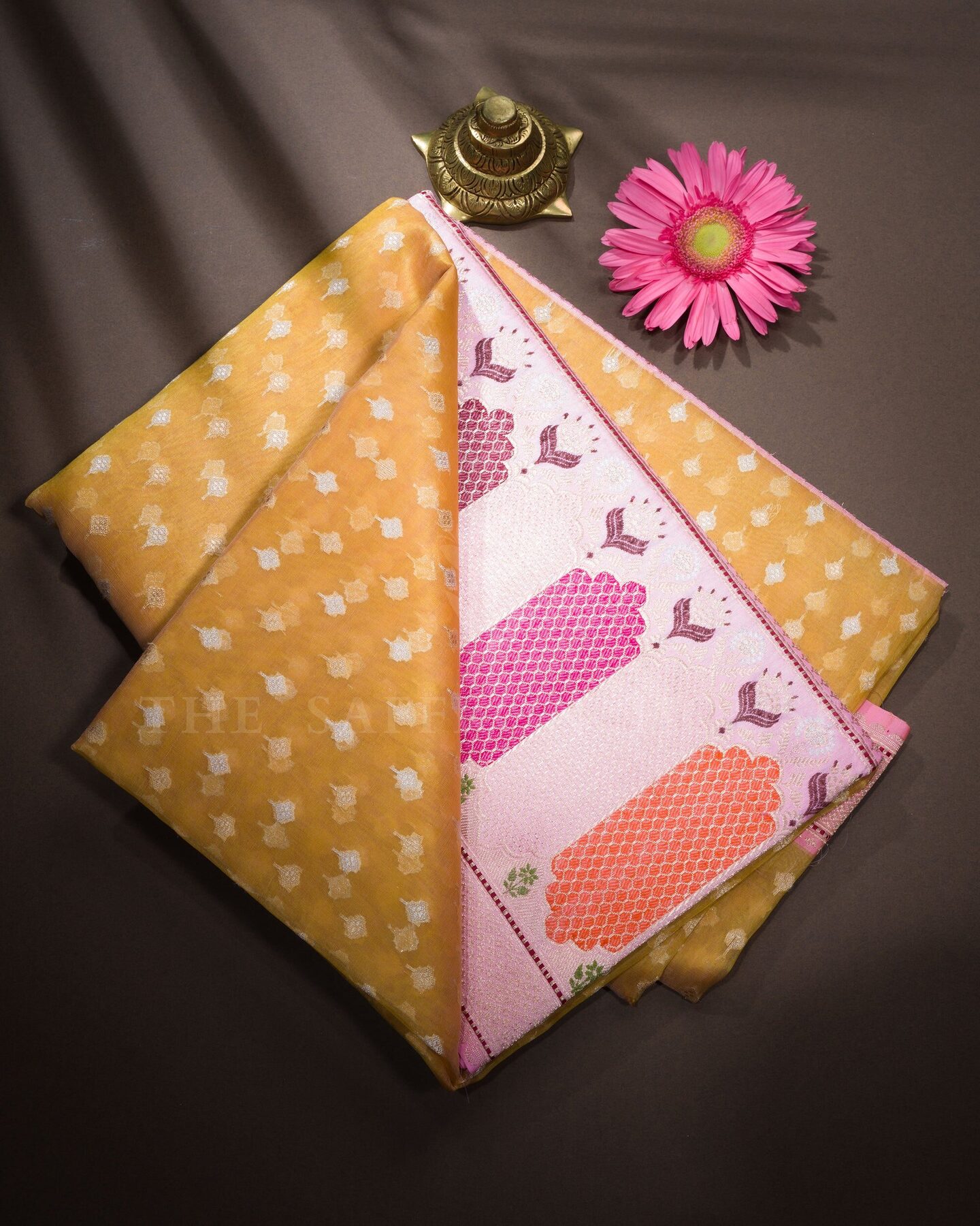Mustard Gold And Blush Rose Organza Banarasi Saree – The Saffron House