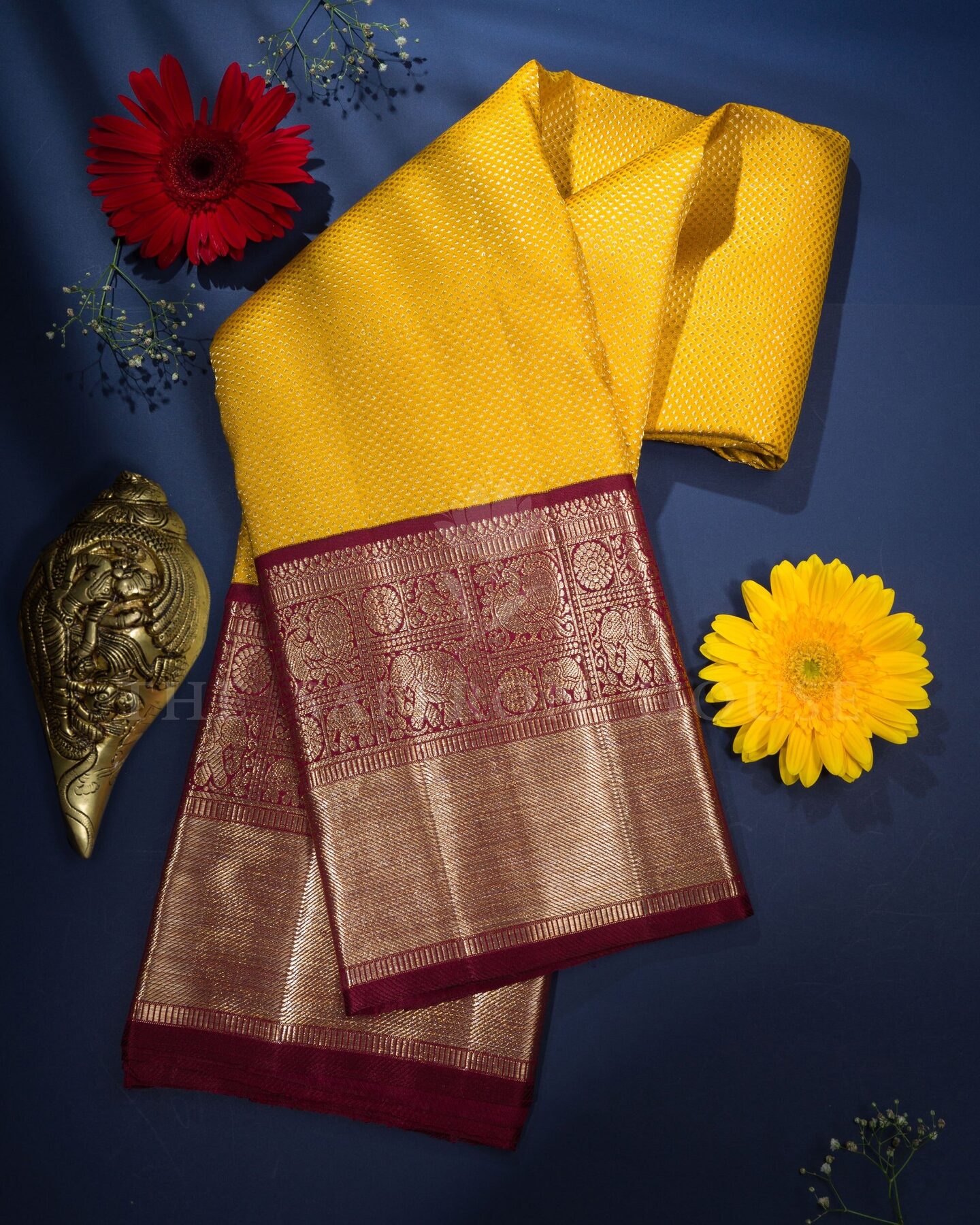 Mustard Gold And Burgundy Maroon Korvai Kanjivaram Silk Saree