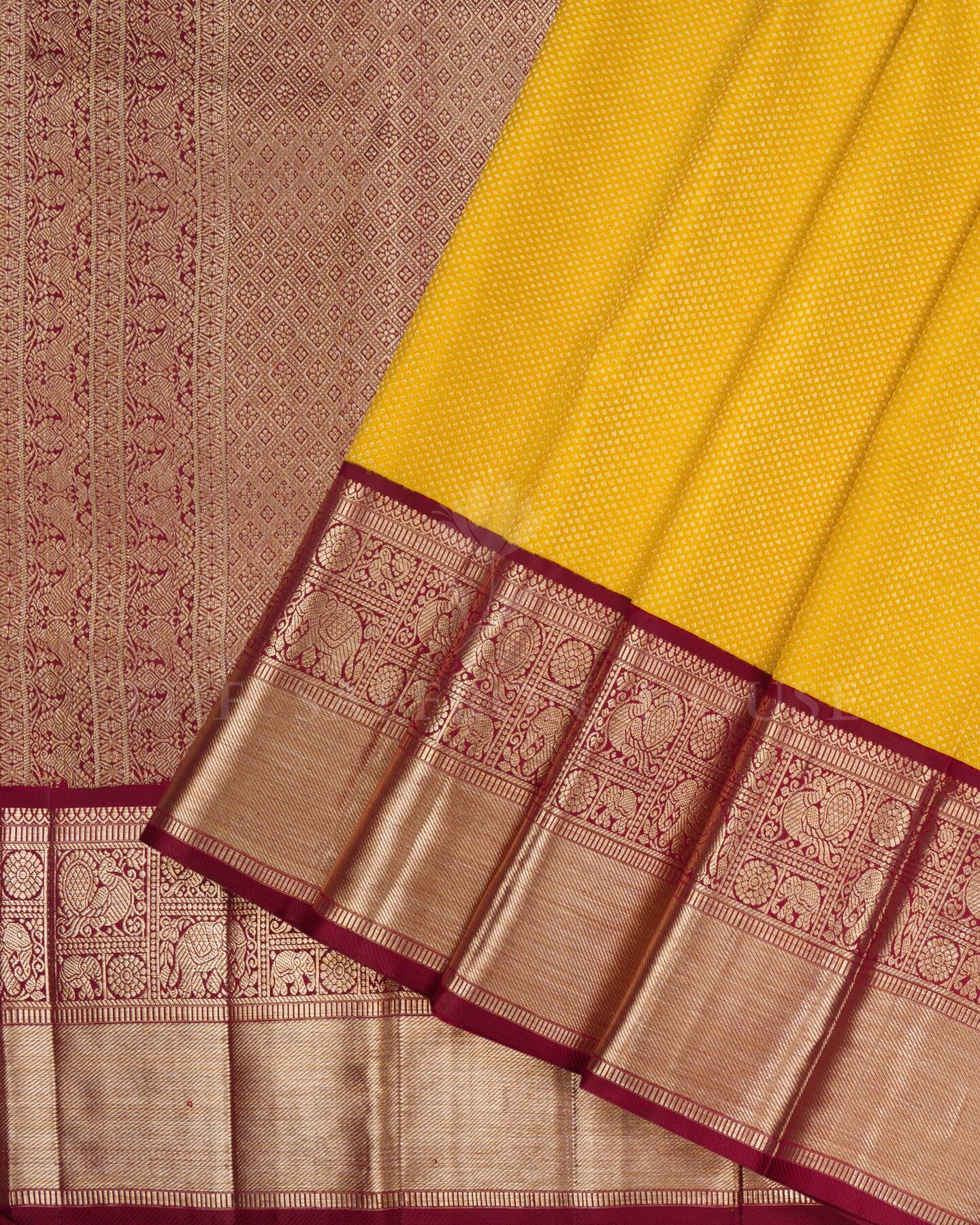 Mustard Gold And Burgundy Maroon Korvai Kanjivaram Silk Saree – The Saffron House