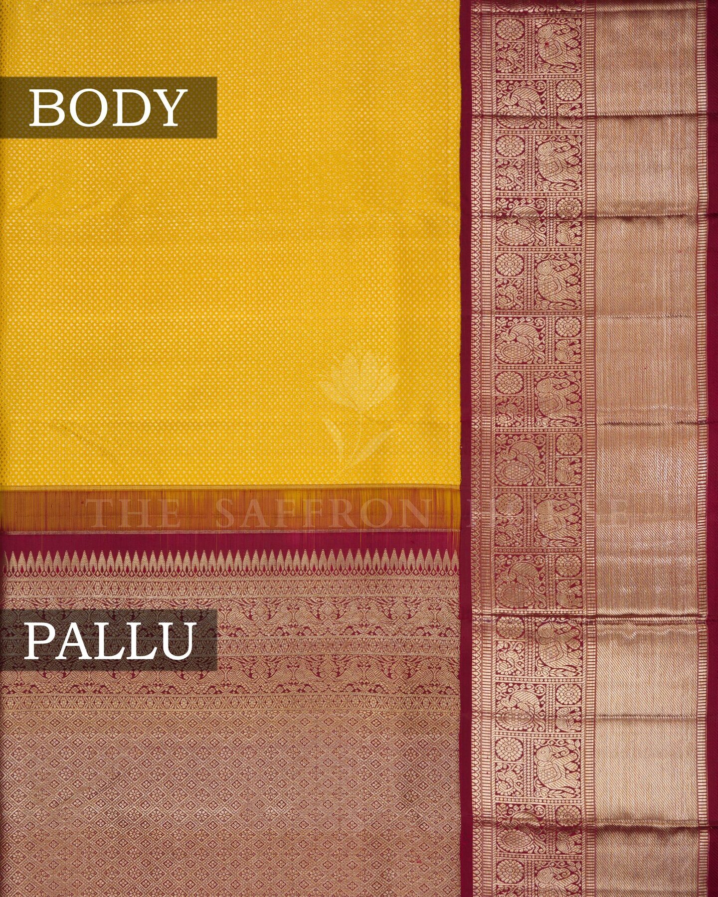 Mustard Gold And Burgundy Maroon Korvai Kanjivaram Silk Saree – The Saffron House