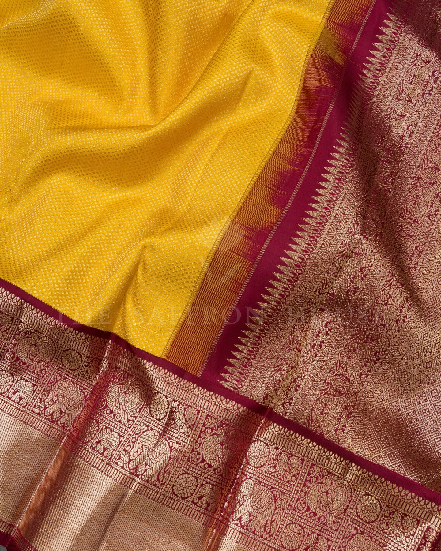 Mustard Gold And Burgundy Maroon Korvai Kanjivaram Silk Saree – The Saffron House