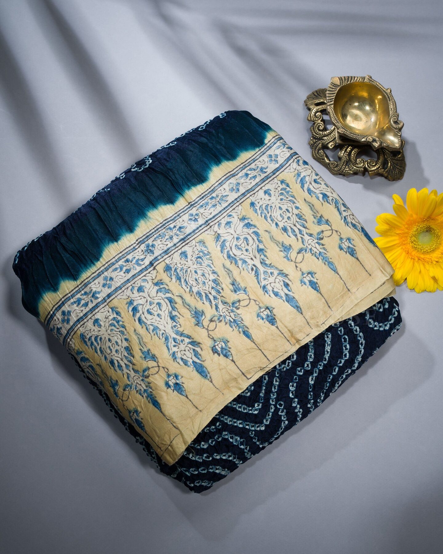 Midnight Blue And Antique Gold Bandhini Modal Silk Saree – The Saffron House