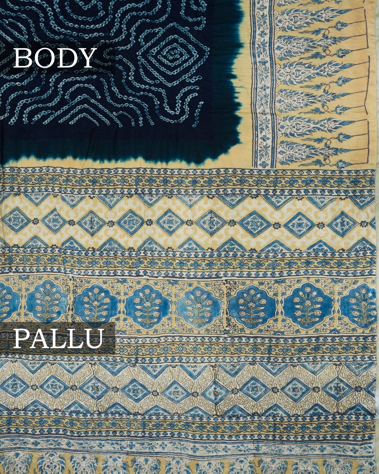 Midnight Blue And Antique Gold Bandhini Modal Silk Saree – The Saffron House