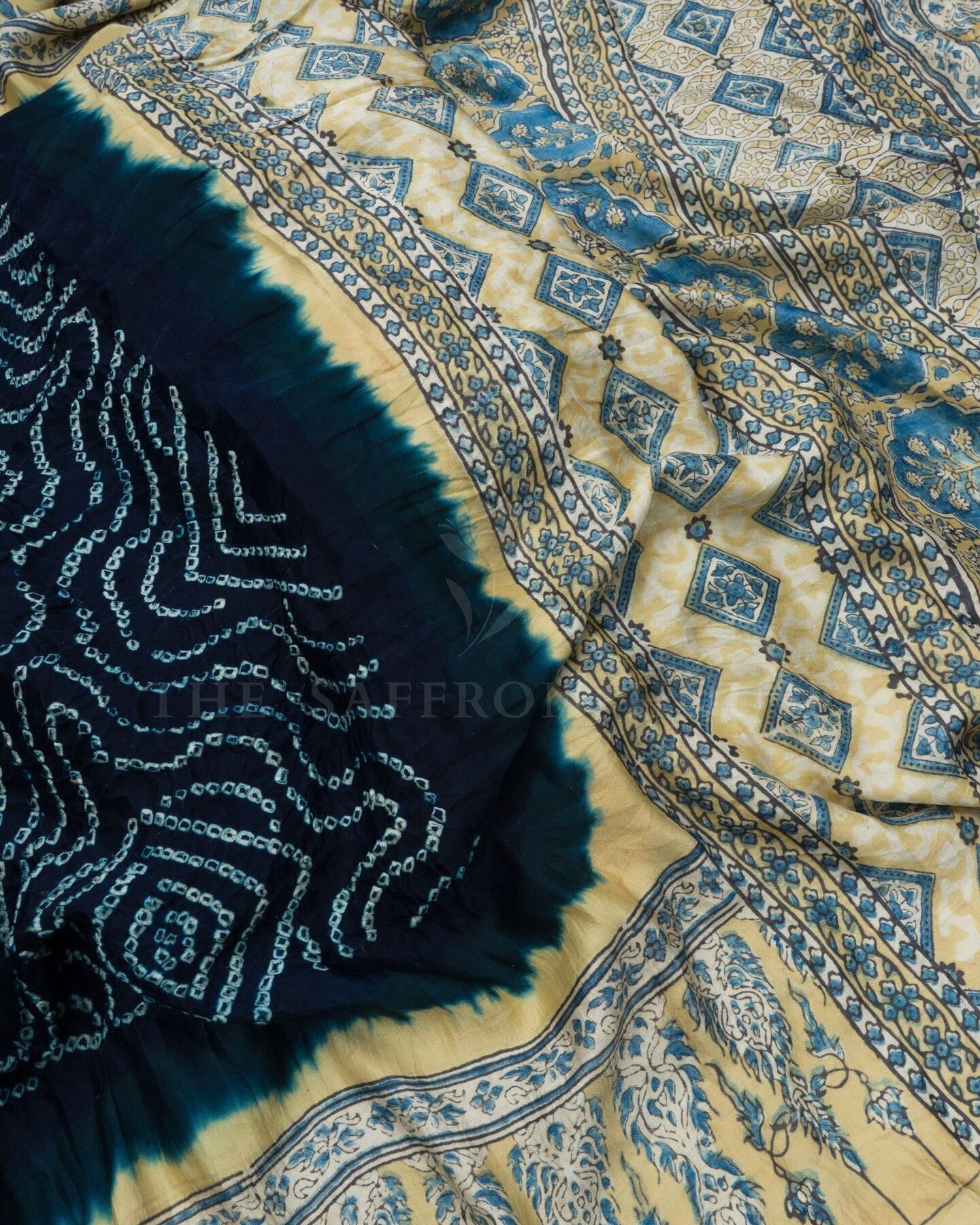 Midnight Blue And Antique Gold Bandhini Modal Silk Saree – The Saffron House