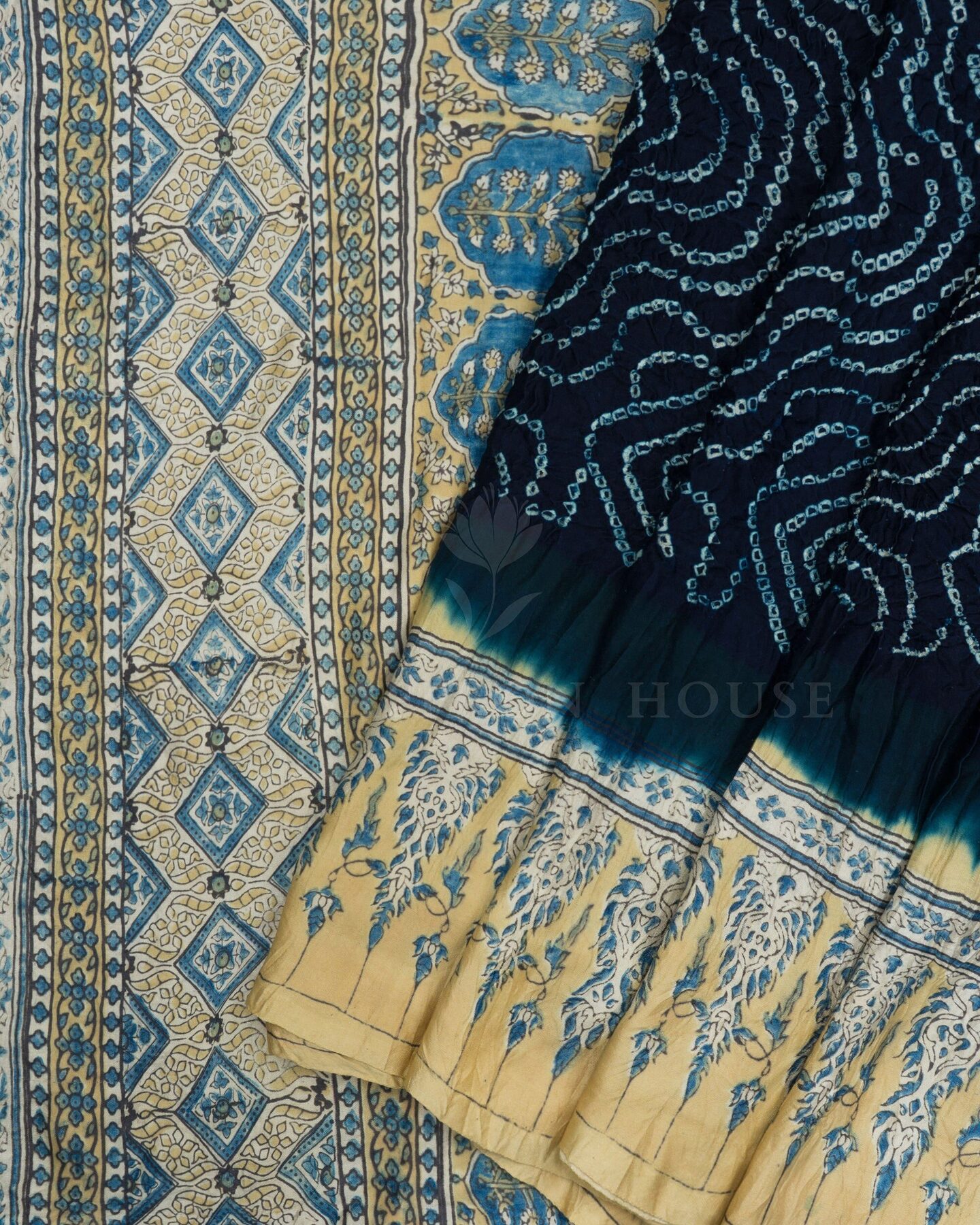 Midnight Blue And Antique Gold Bandhini Modal Silk Saree – The Saffron House