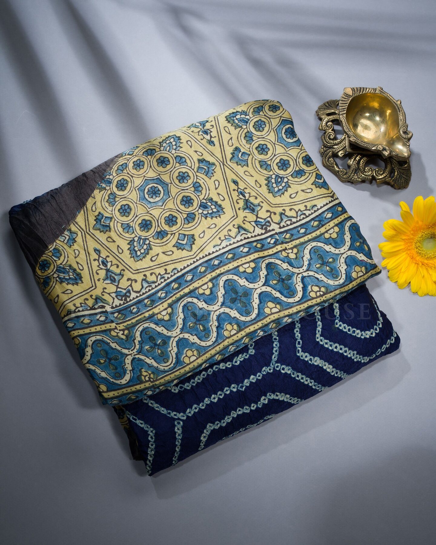 Midnight Blue And Antique Gold Bandhini Modal Silk Saree – The Saffron House