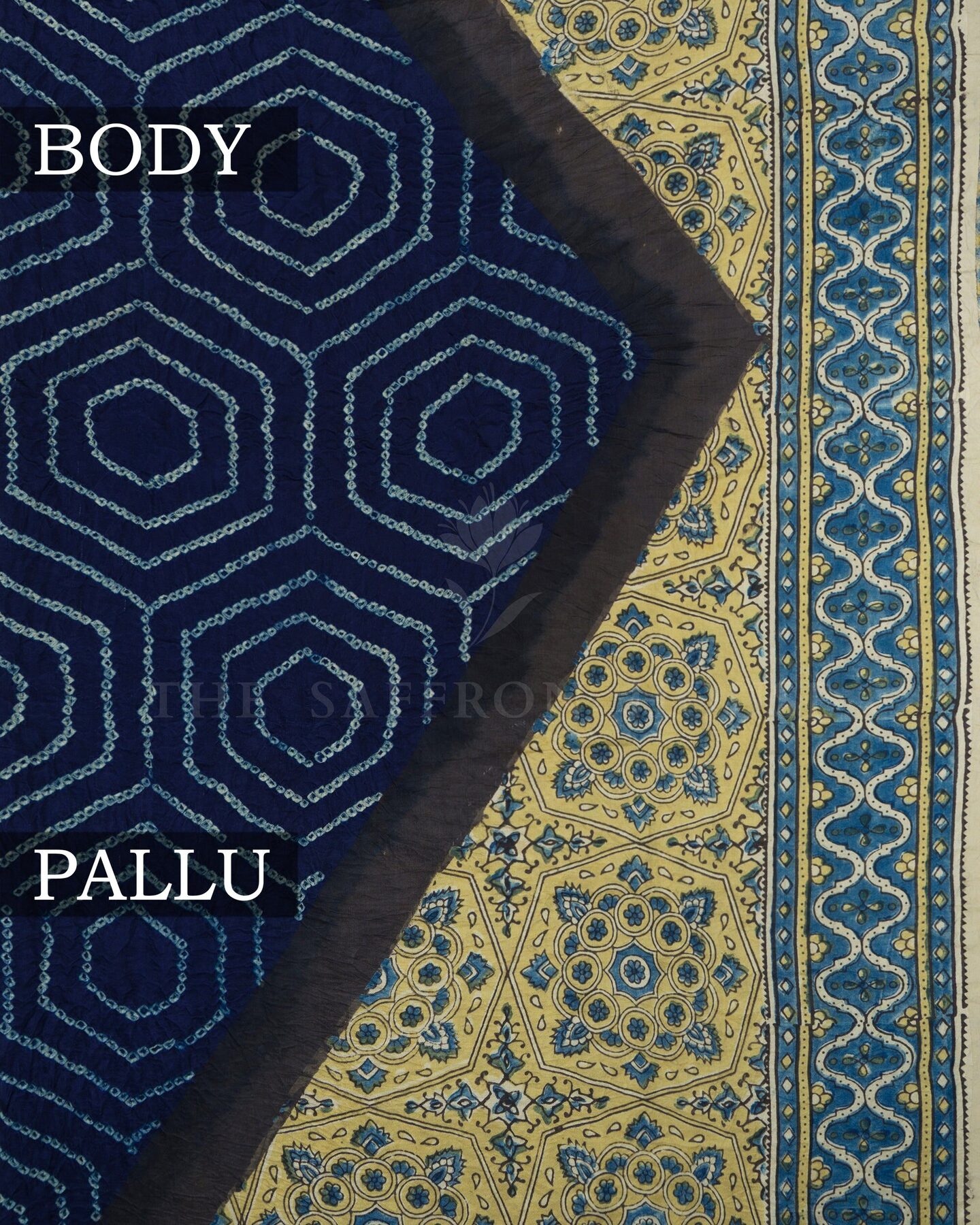 Midnight Blue And Antique Gold Bandhini Modal Silk Saree – The Saffron House