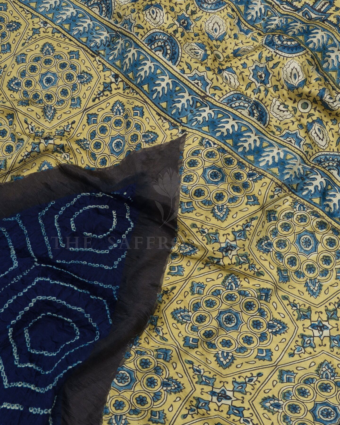 Midnight Blue And Antique Gold Bandhini Modal Silk Saree – The Saffron House
