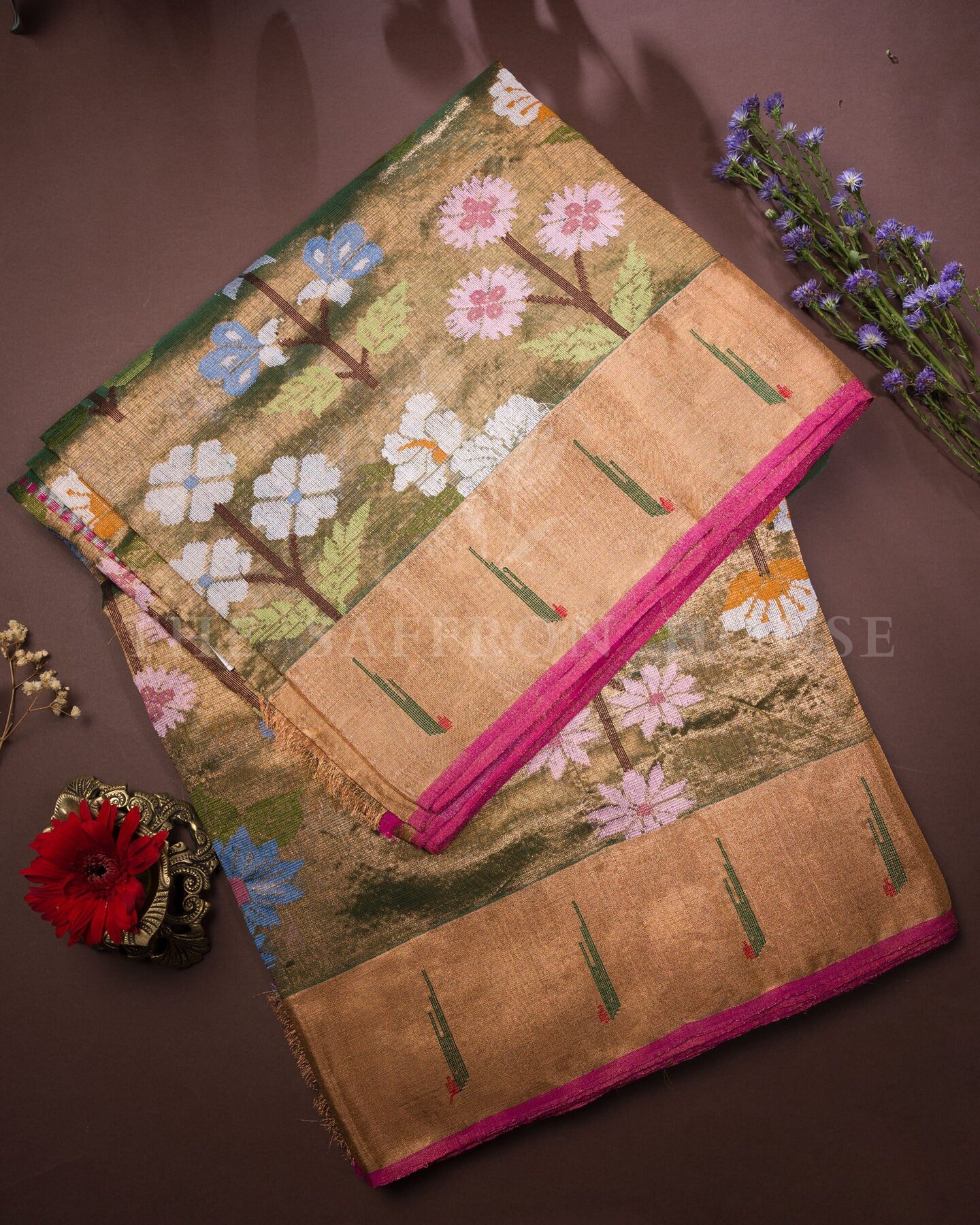 Ochre Gold And Magenta Pure Zari Kota Silk Saree