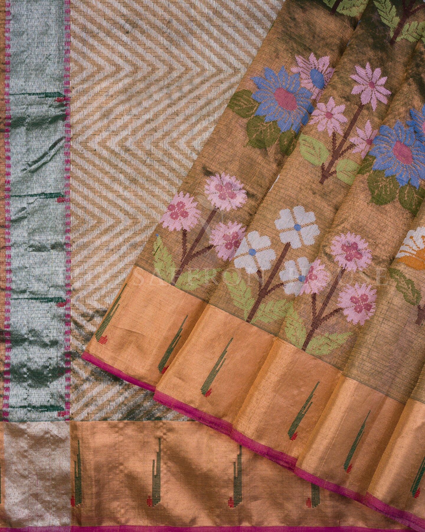 Ochre Gold And Magenta Pure Zari Kota Silk Saree