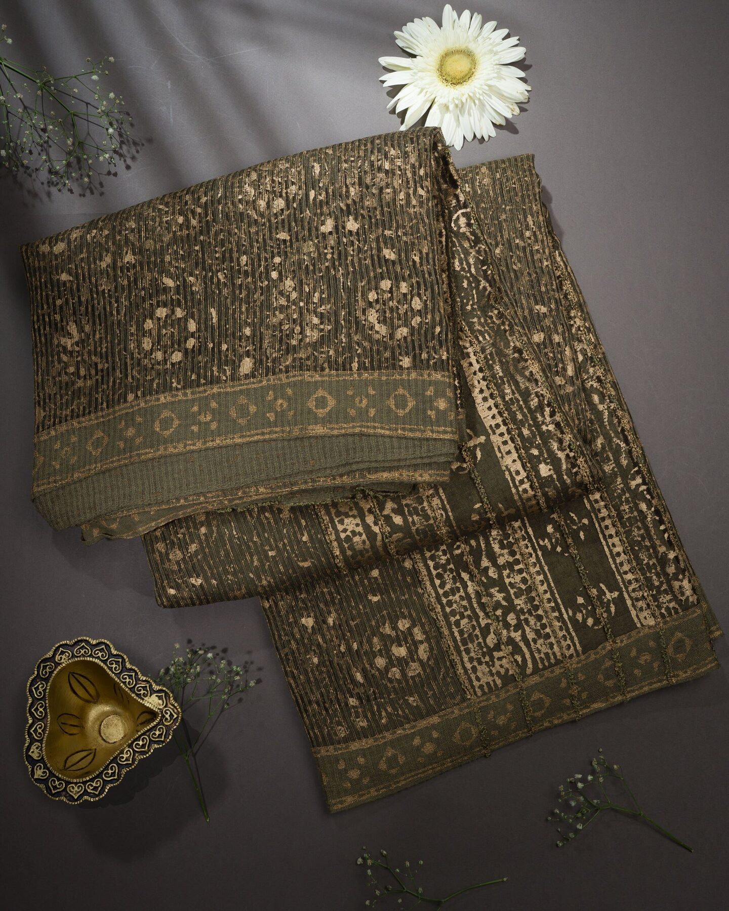 Olive Green Tussar Organza Saree – The Saffron House