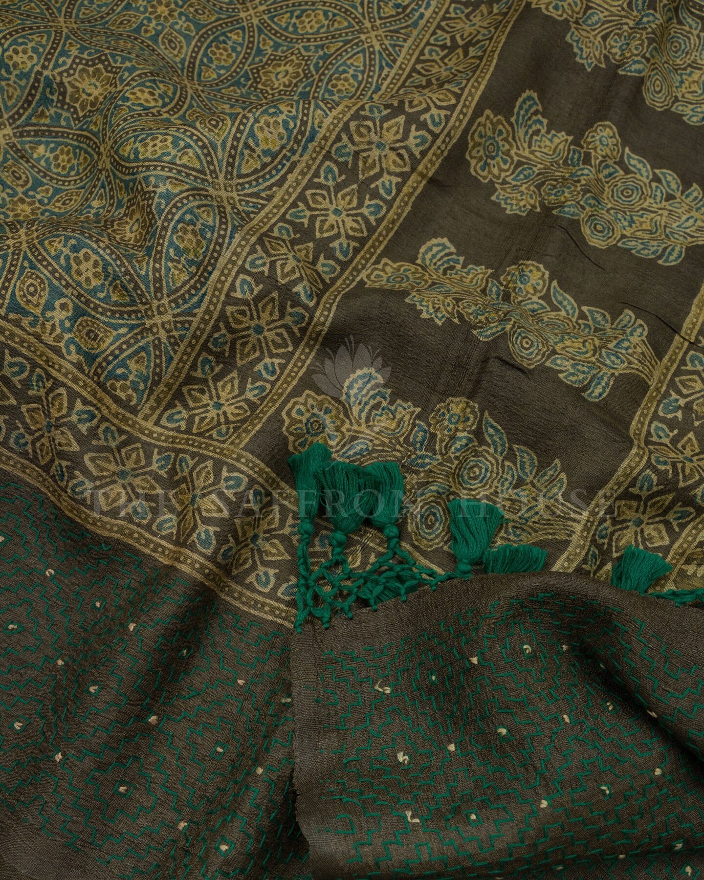 Olive Green Tussar Silk Saree – The Saffron House