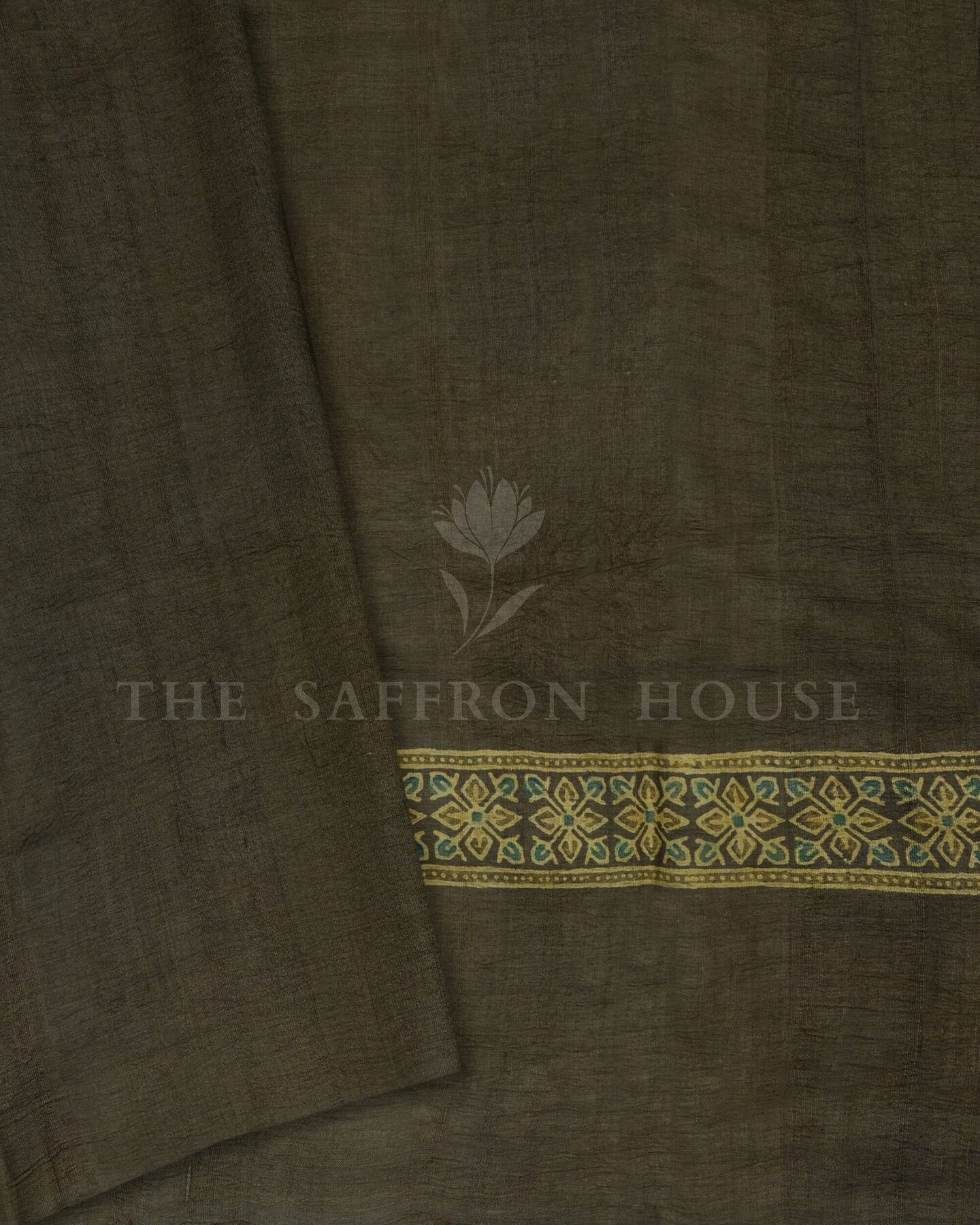 Olive Green Tussar Silk Saree – The Saffron House