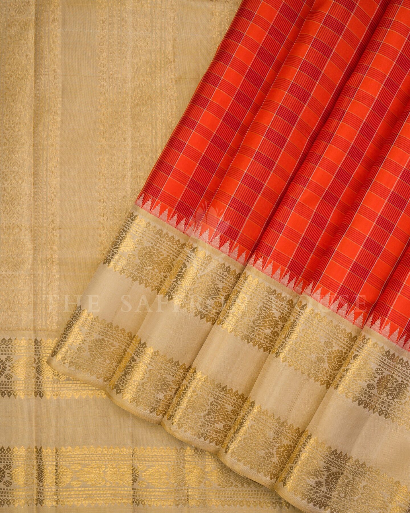 Burnt Orange And Ivory Kattam Kanjivaram Silk Saree – The Saffron House