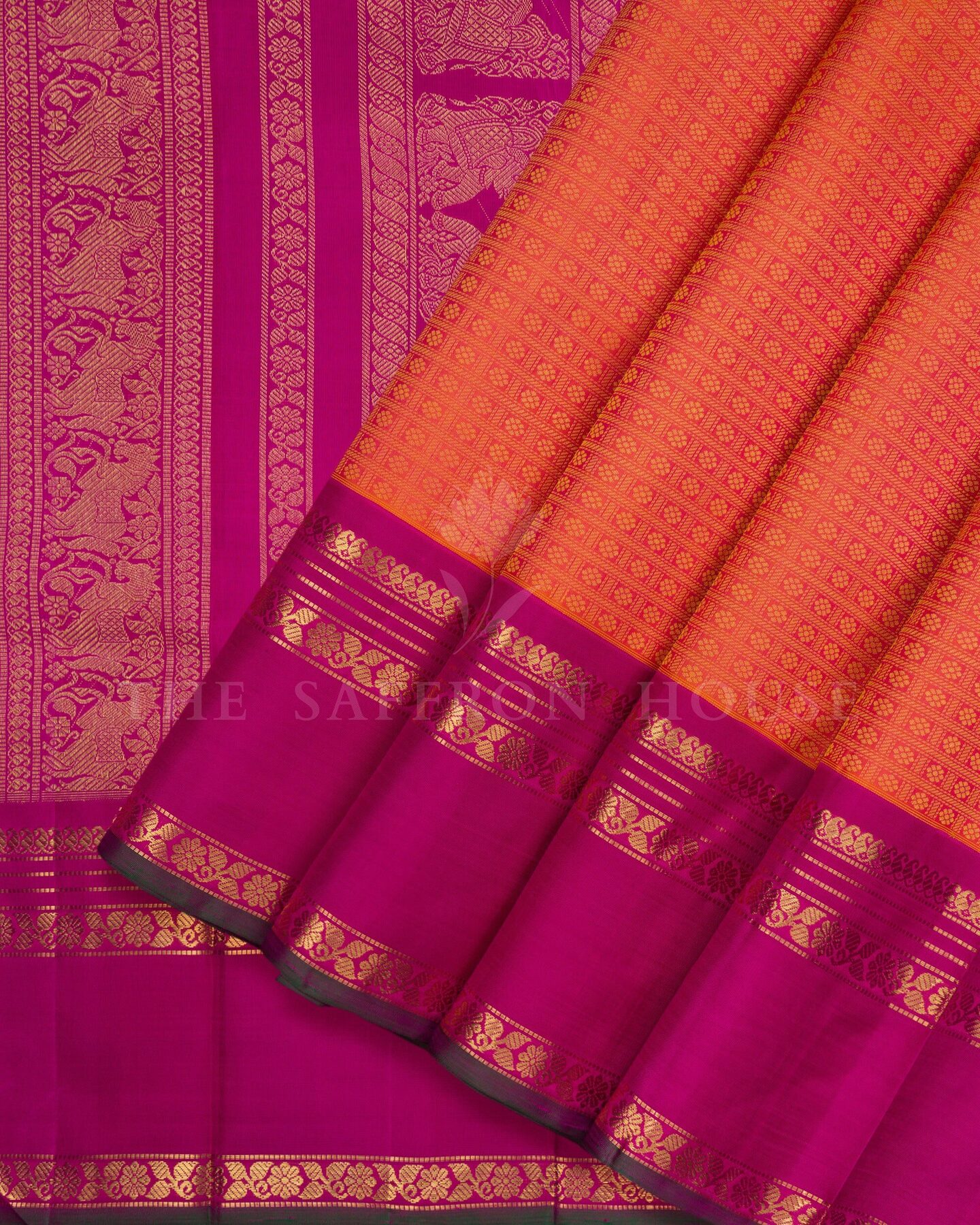 Amber Rose And Magenta Kattam Kanjivaram Silk Saree – The Saffron House