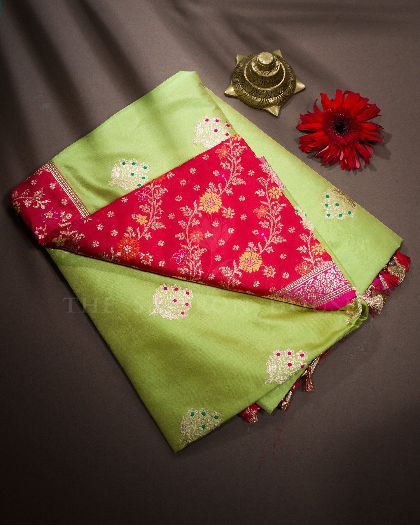 Parrot Green And Red Banarasi Silk Saree – The Saffron House