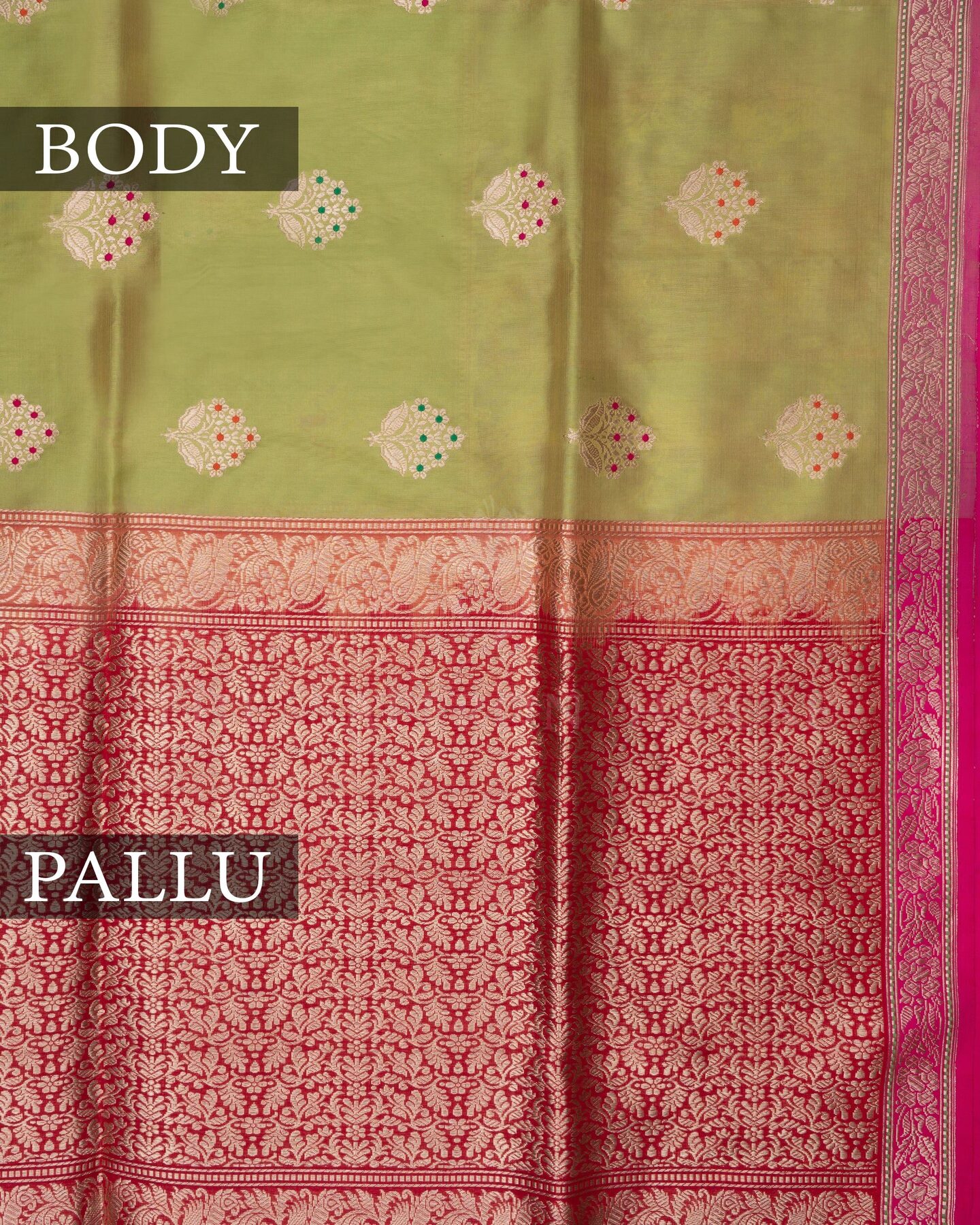 Parrot Green And Red Banarasi Silk Saree – The Saffron House