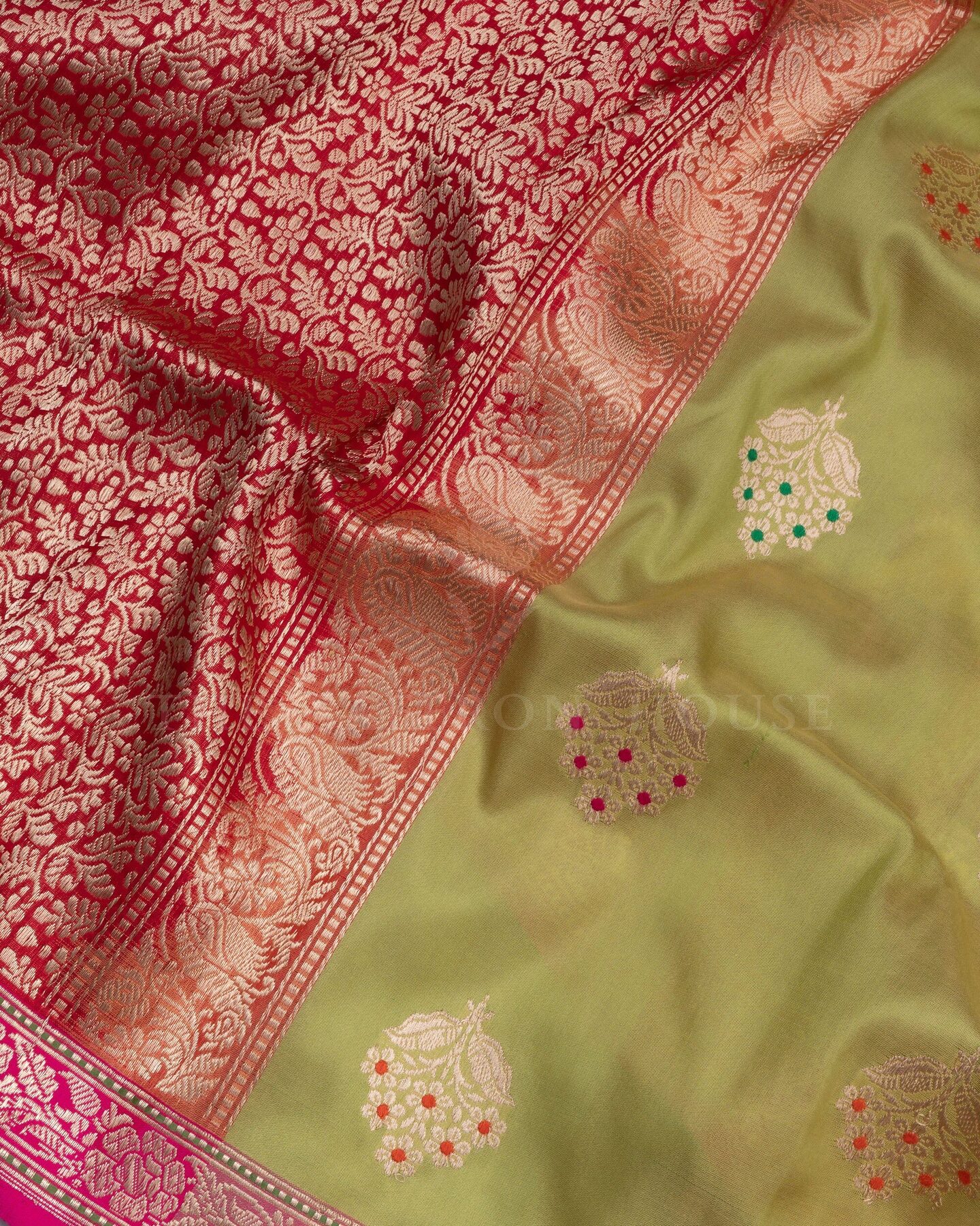 Parrot Green And Red Banarasi Silk Saree – The Saffron House