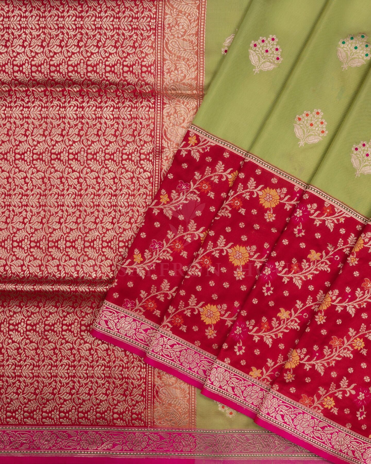 Parrot Green And Red Banarasi Silk Saree – The Saffron House