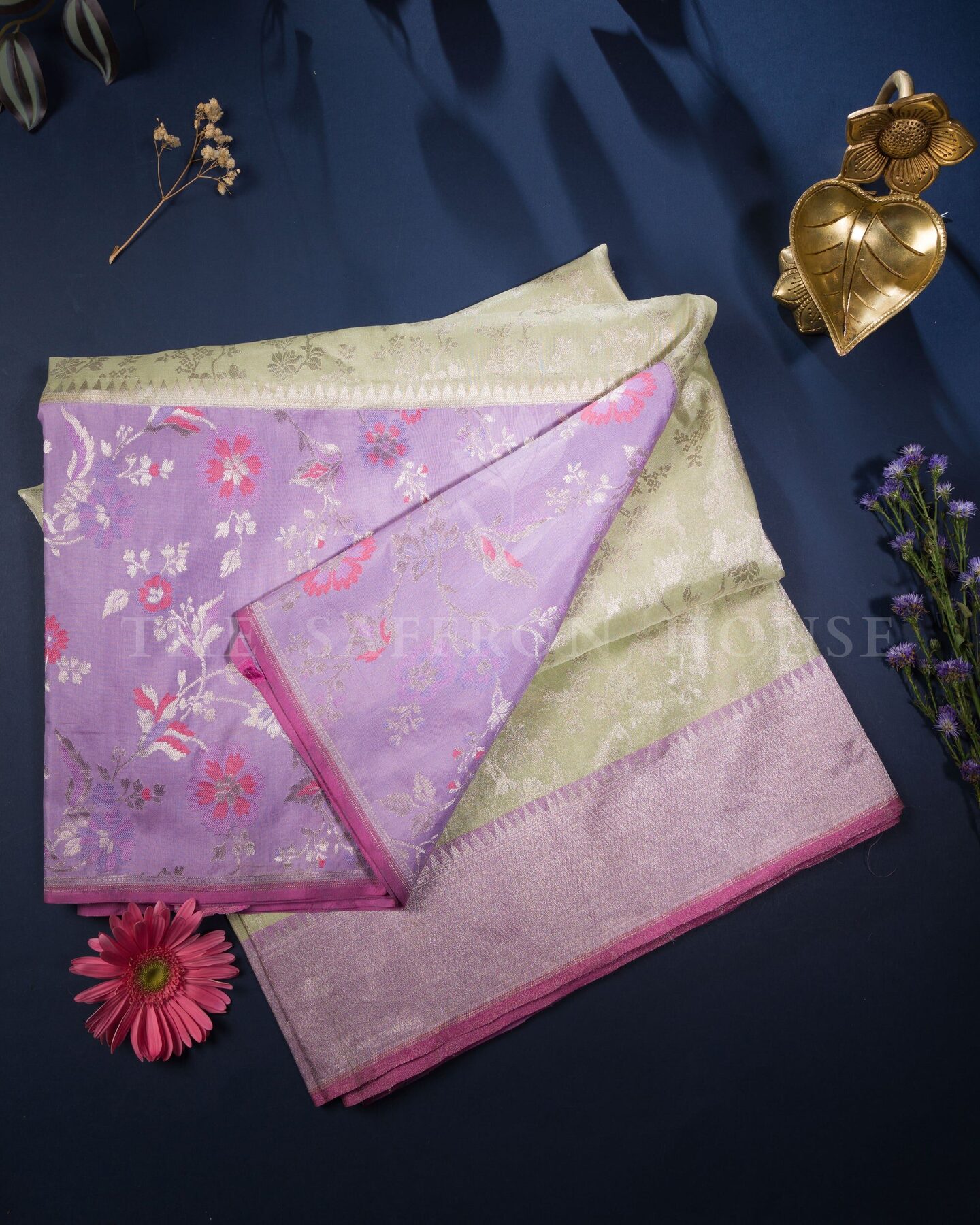 Olive Green And Lavender Banarasi Silk Saree – The Saffron House