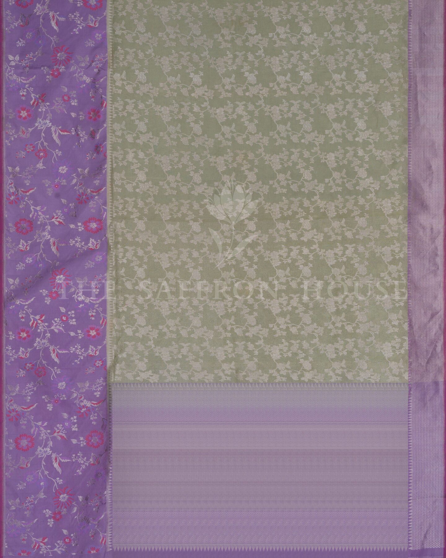 Olive Green And Lavender Banarasi Silk Saree – The Saffron House