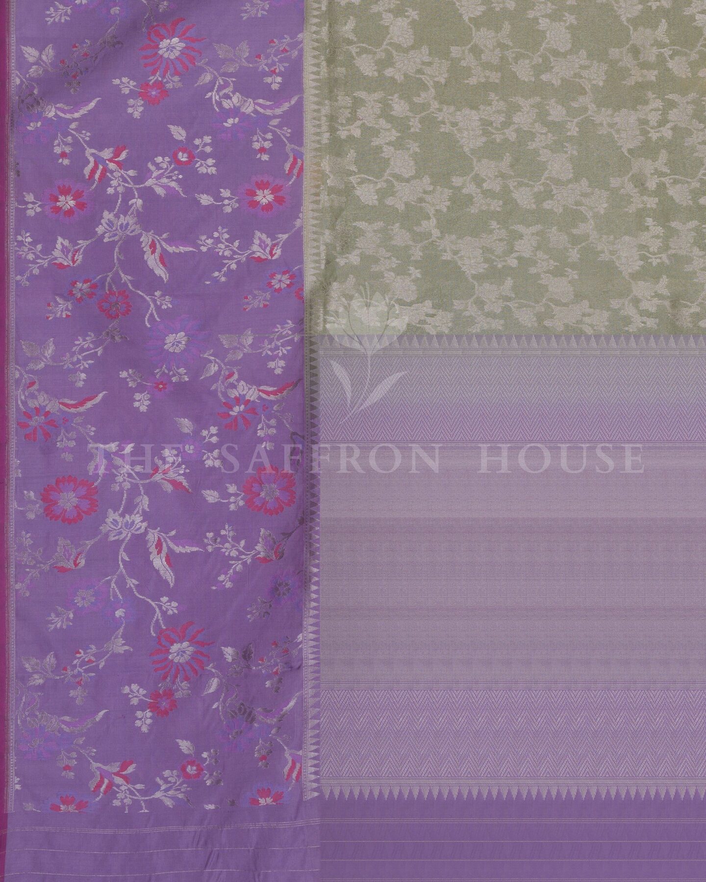 Olive Green And Lavender Banarasi Silk Saree – The Saffron House