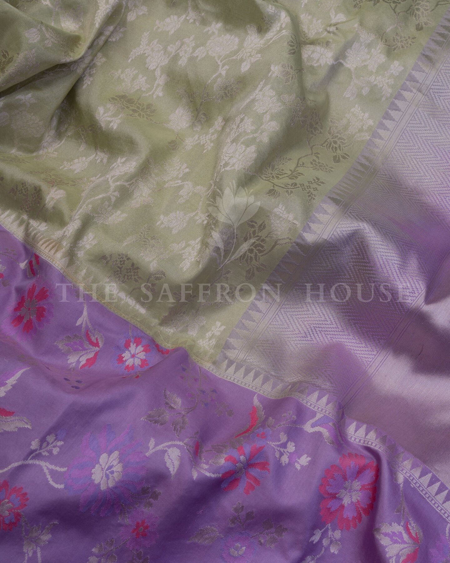 Olive Green And Lavender Banarasi Silk Saree – The Saffron House