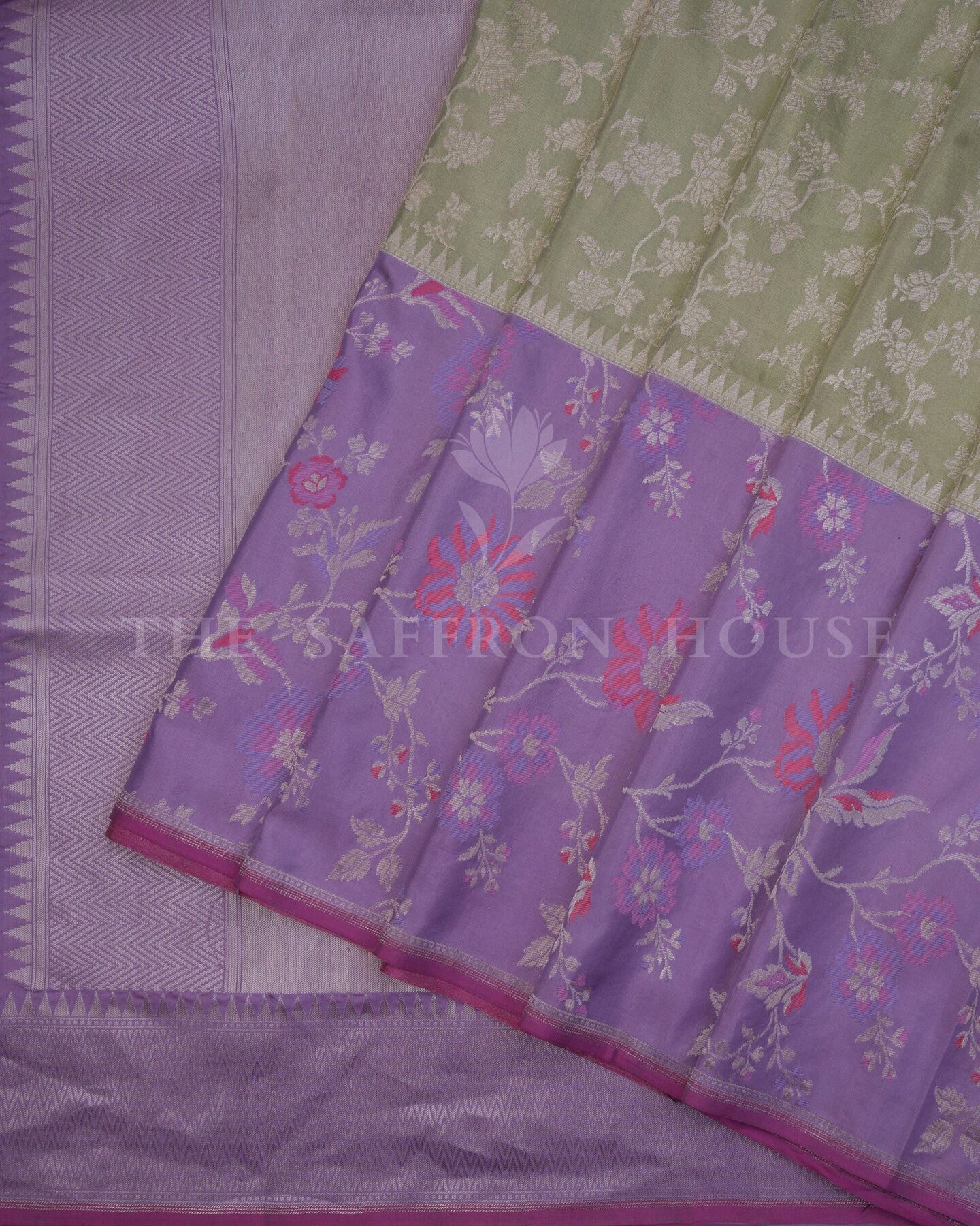 Olive Green And Lavender Banarasi Silk Saree – The Saffron House