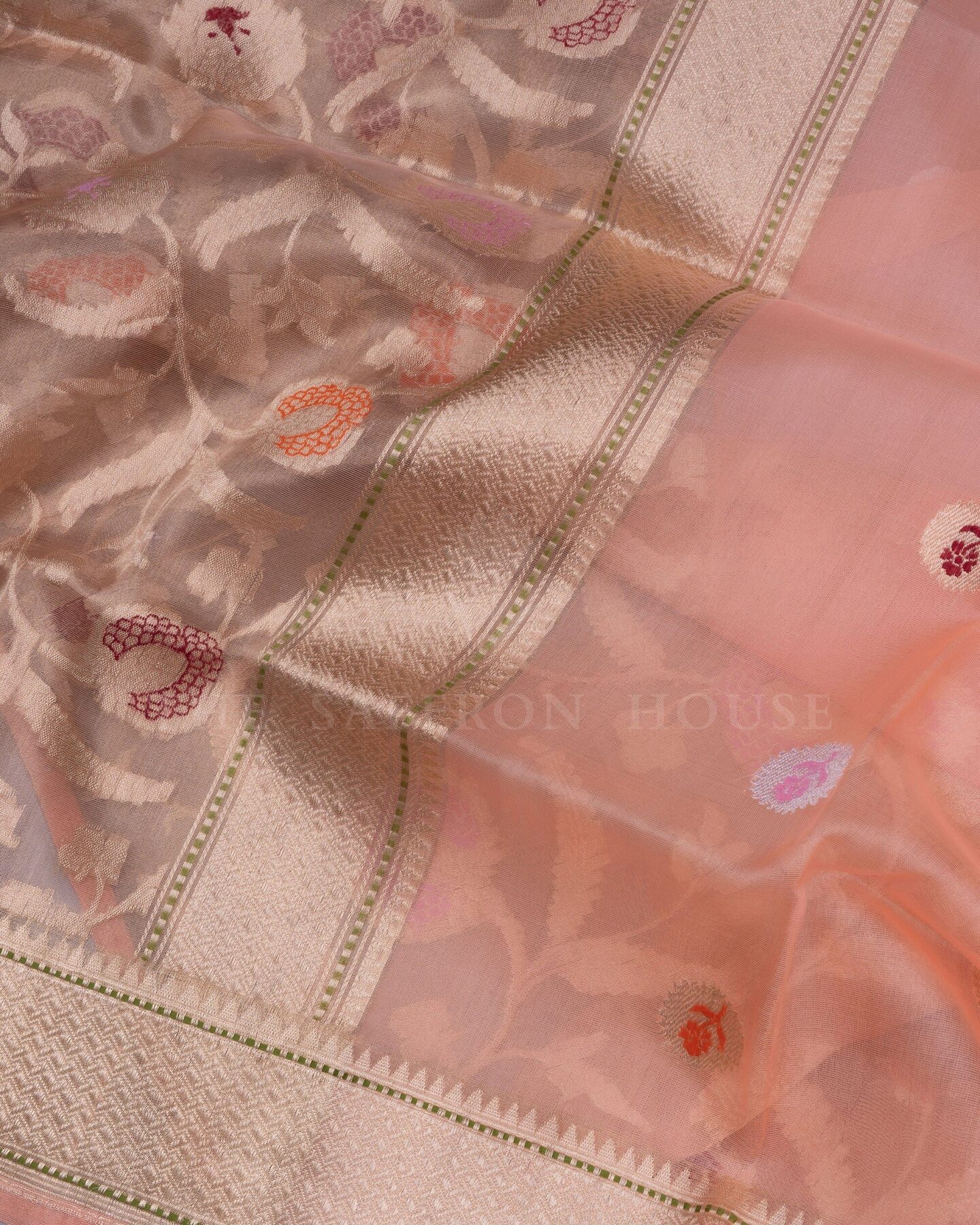 Peach Organza Banarasi Saree – The Saffron House