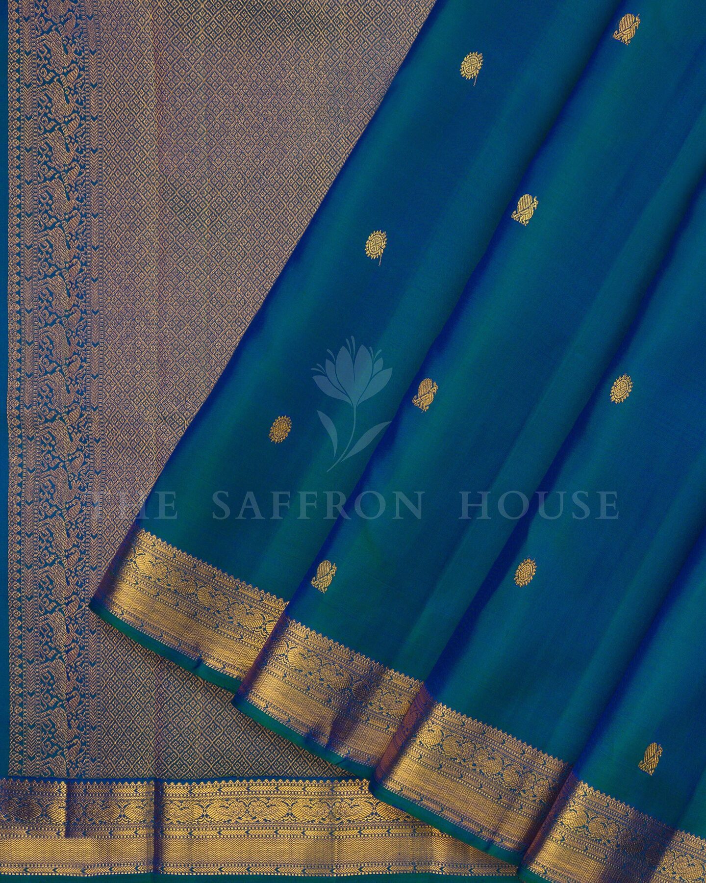 Peacock Blue Kora Kanjivaram Silk Saree – The Saffron House