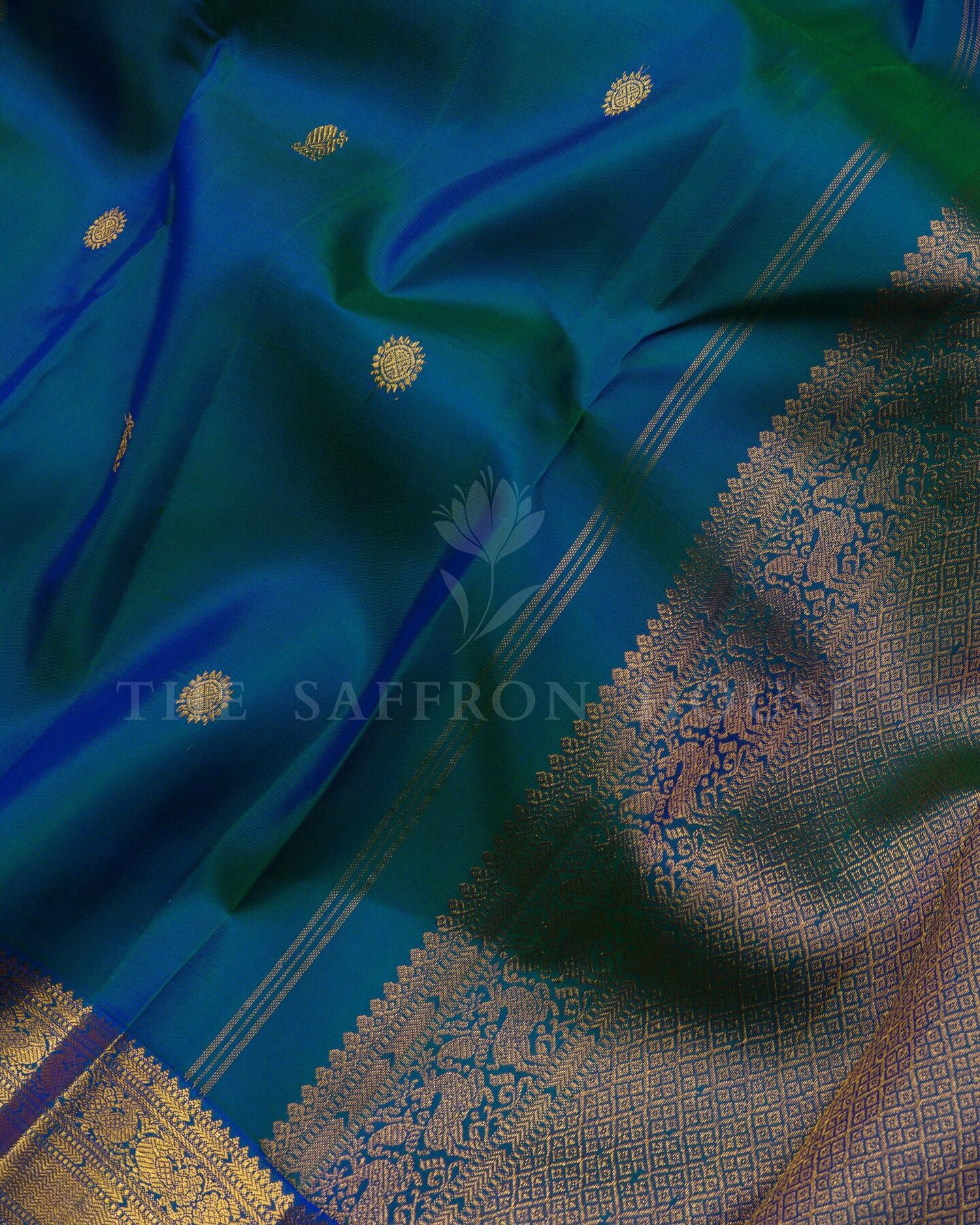 Peacock Blue Kora Kanjivaram Silk Saree – The Saffron House