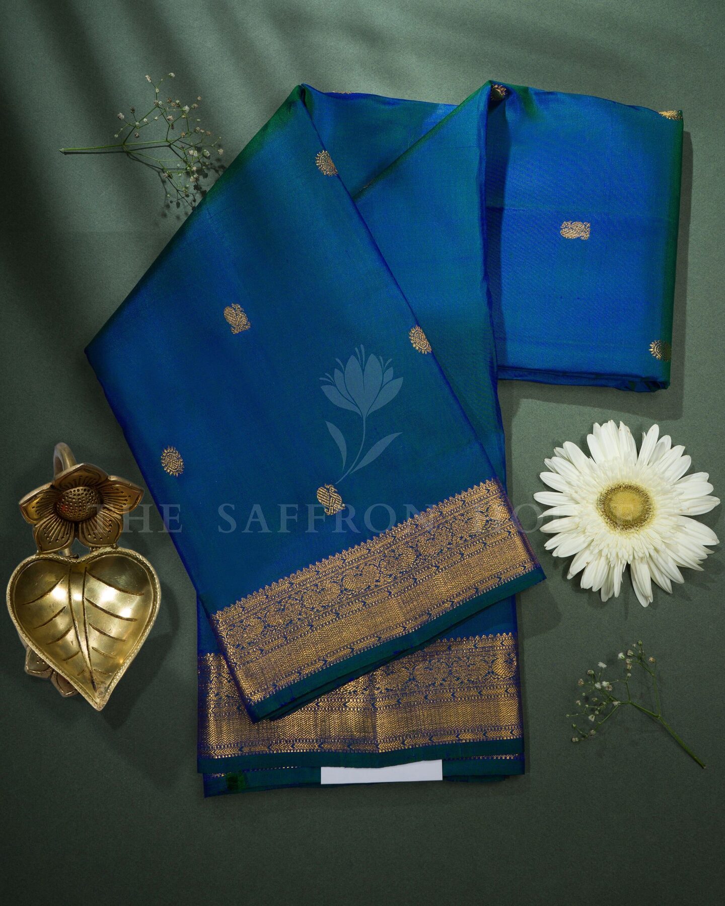 Peacock Blue Kora Kanjivaram Silk Saree – The Saffron House