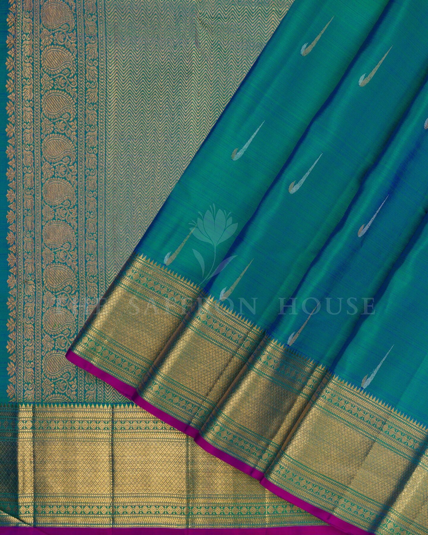 Peacock Blue Korvai Kanjivaram Silk Saree – The Saffron House