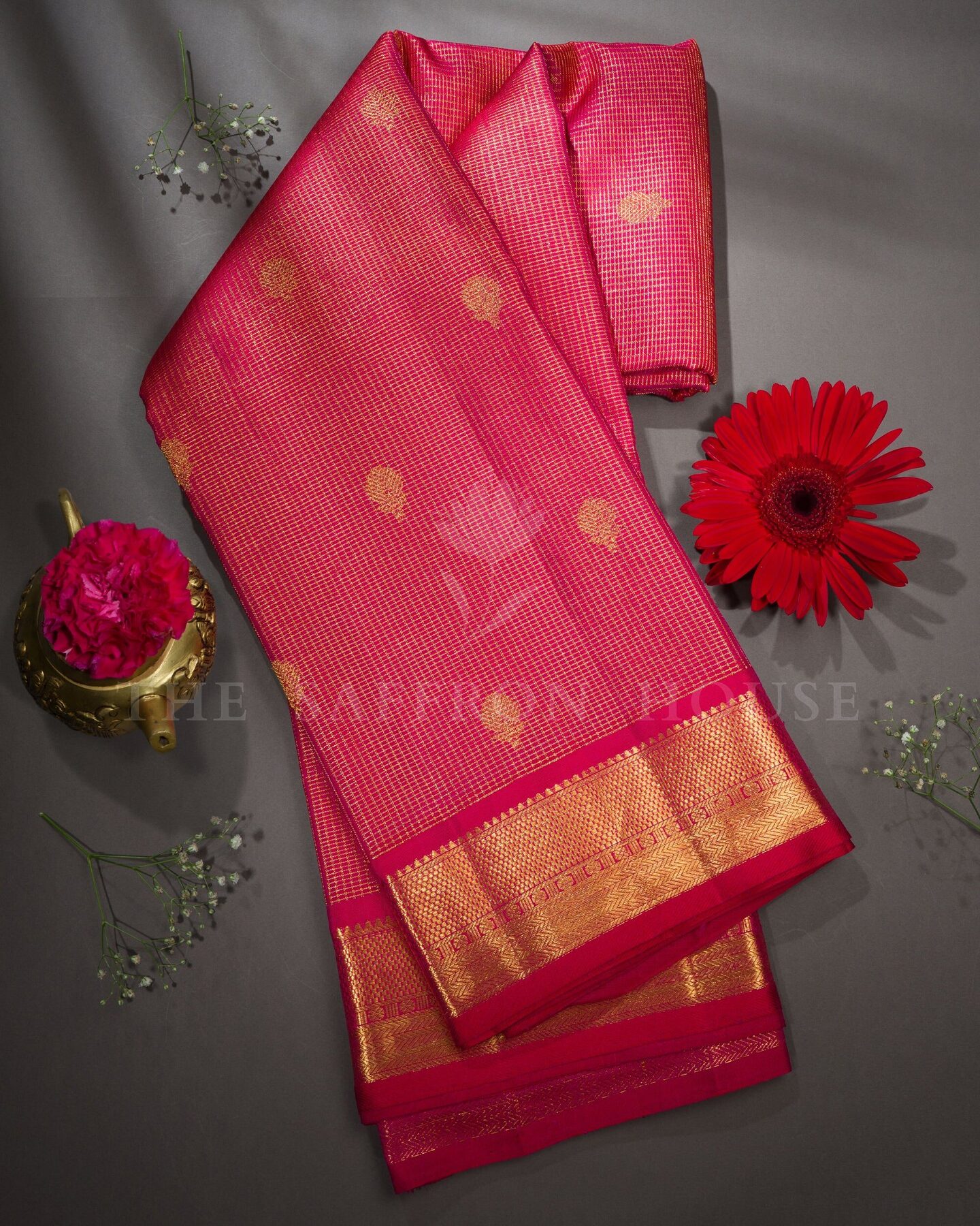 Pink And Red Kattam Kanjivaram Silk Saree – The Saffron House