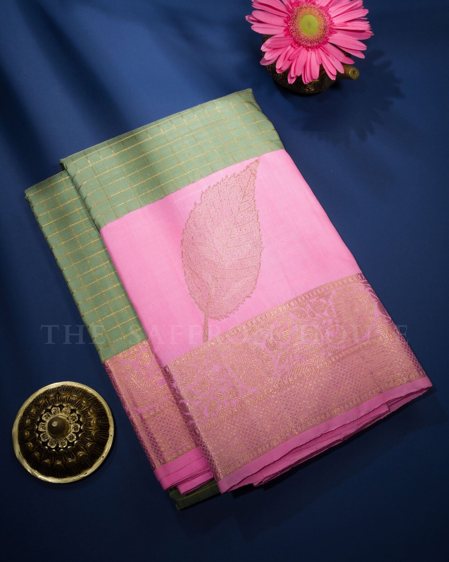 Pistachio Green And Blush Rose Kattam Kanjivaram Silk Saree – The Saffron House