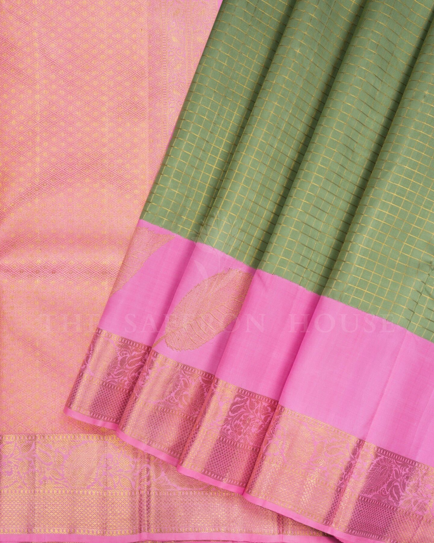 Pistachio Green And Blush Rose Kattam Kanjivaram Silk Saree – The Saffron House