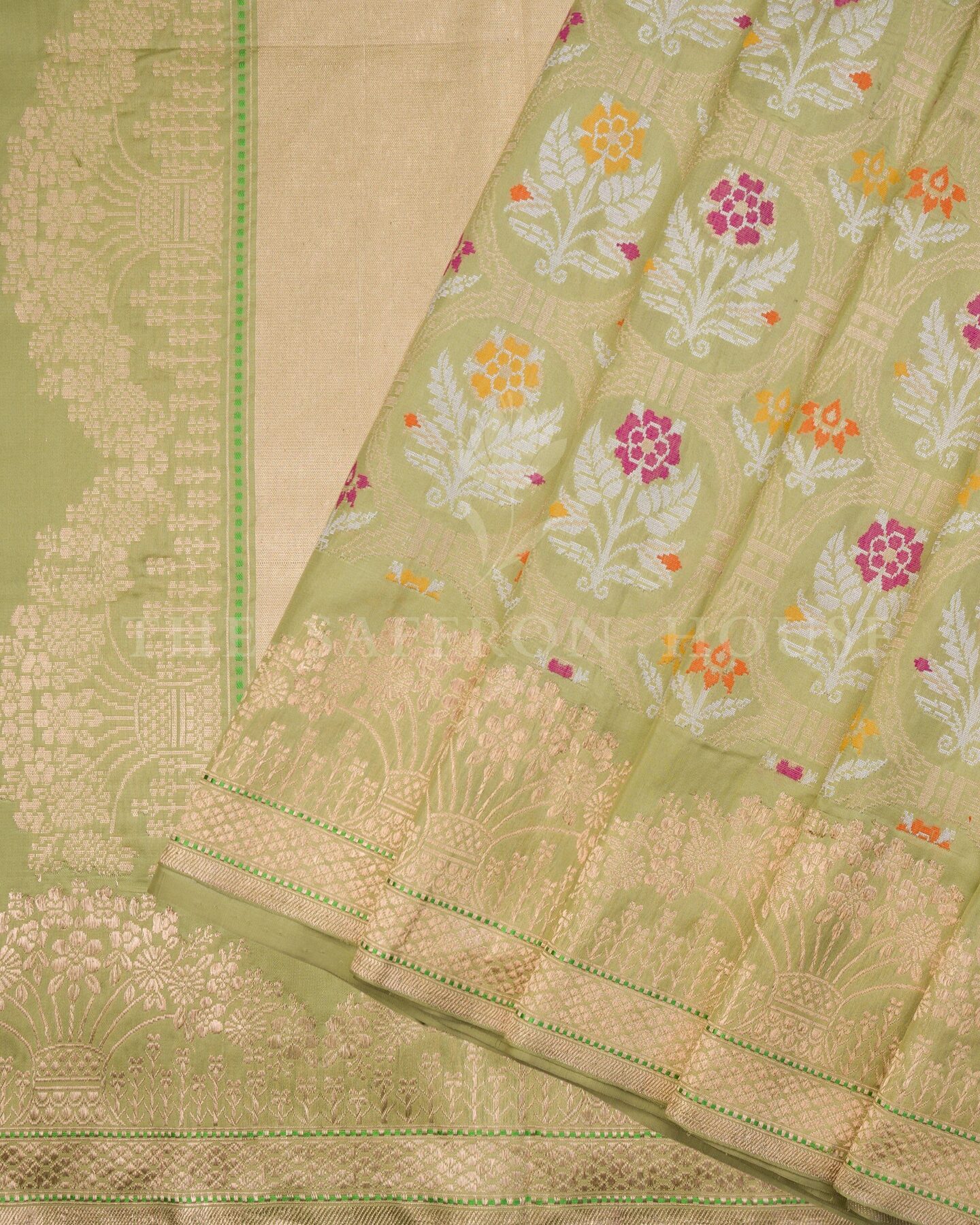 Pistachio Green Katan Banarasi Silk Saree – The Saffron House