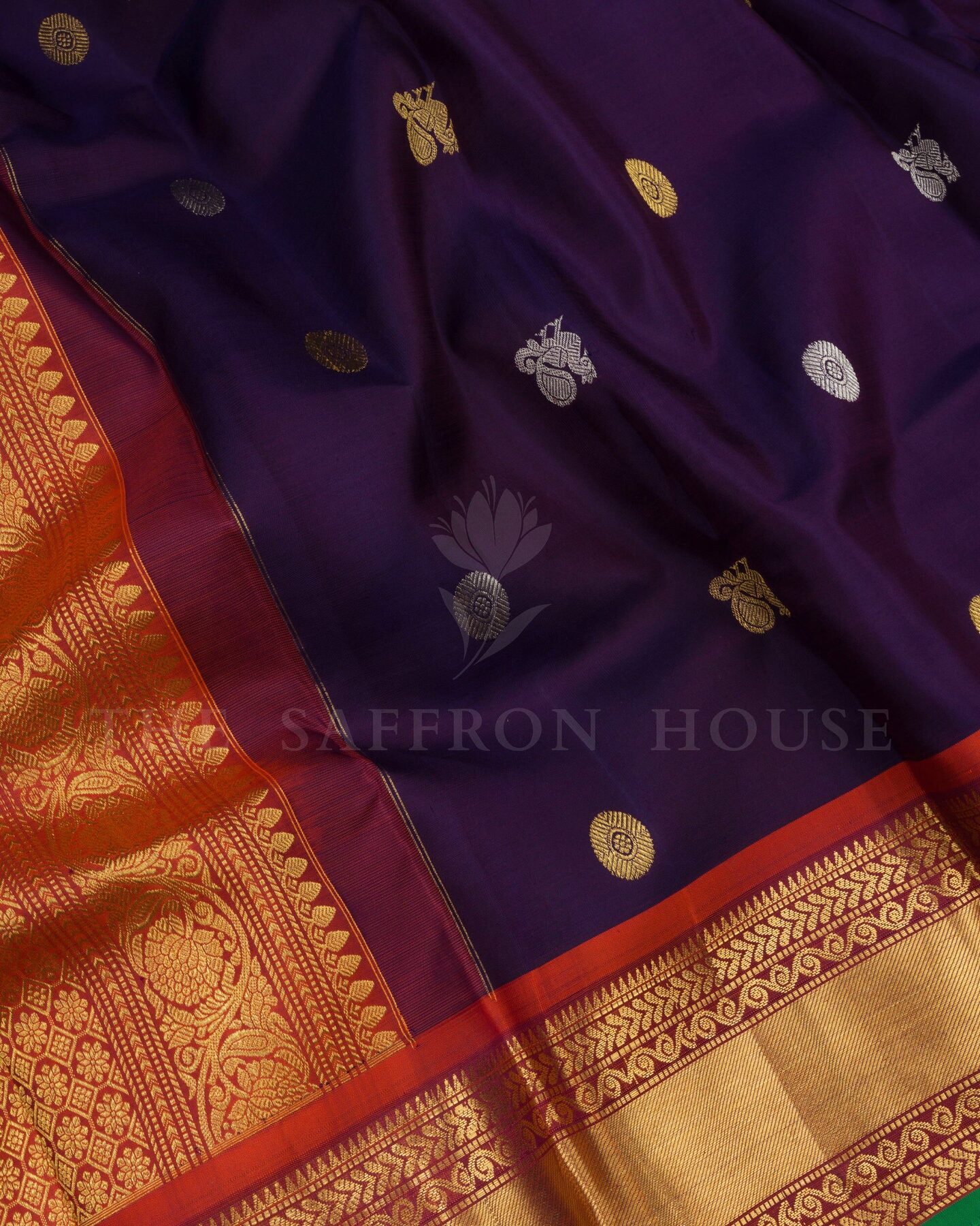 Purple And Rust Orange Brocade Kanjivaram Silk Saree – The Saffron House