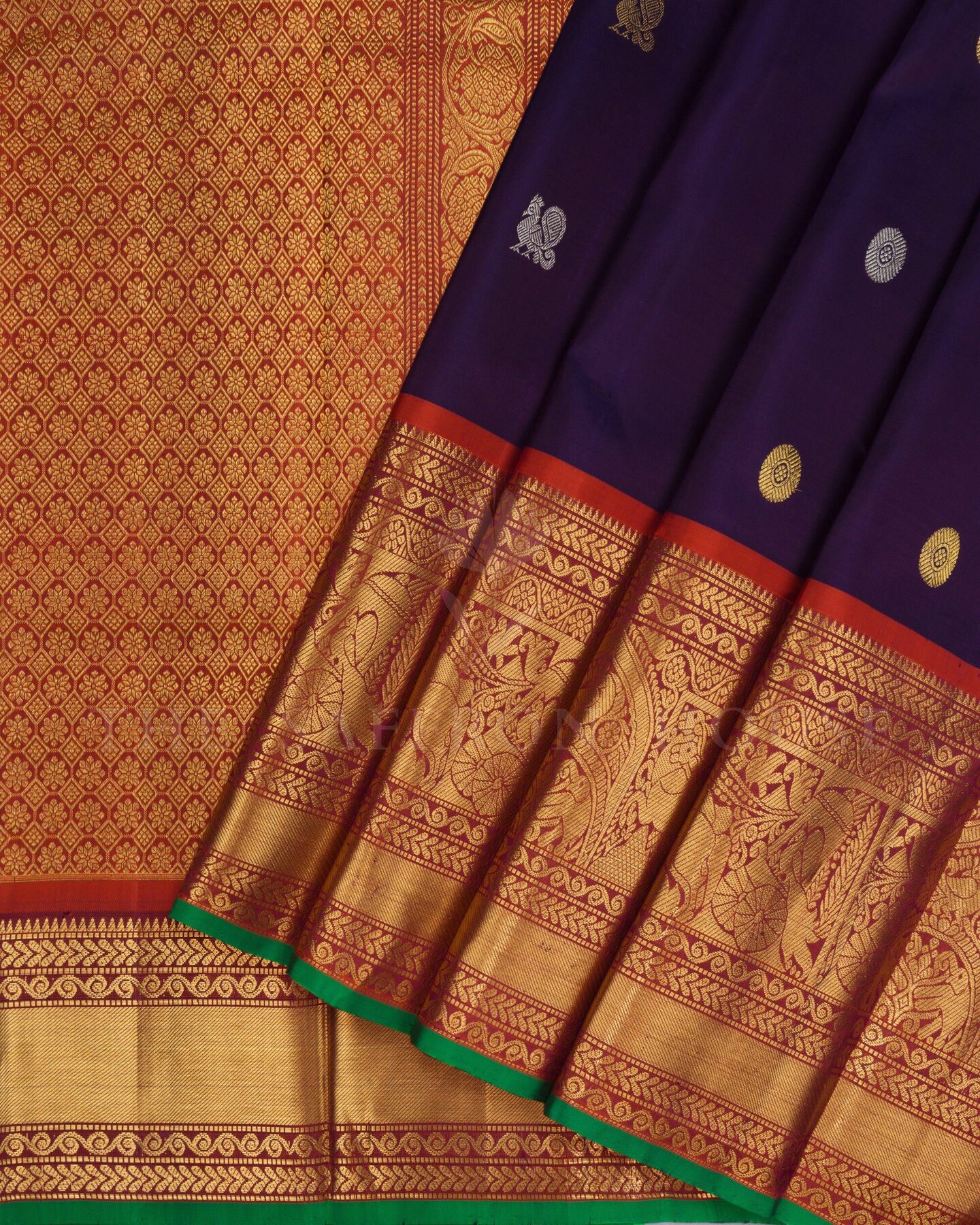 Purple And Rust Orange Brocade Kanjivaram Silk Saree – The Saffron House
