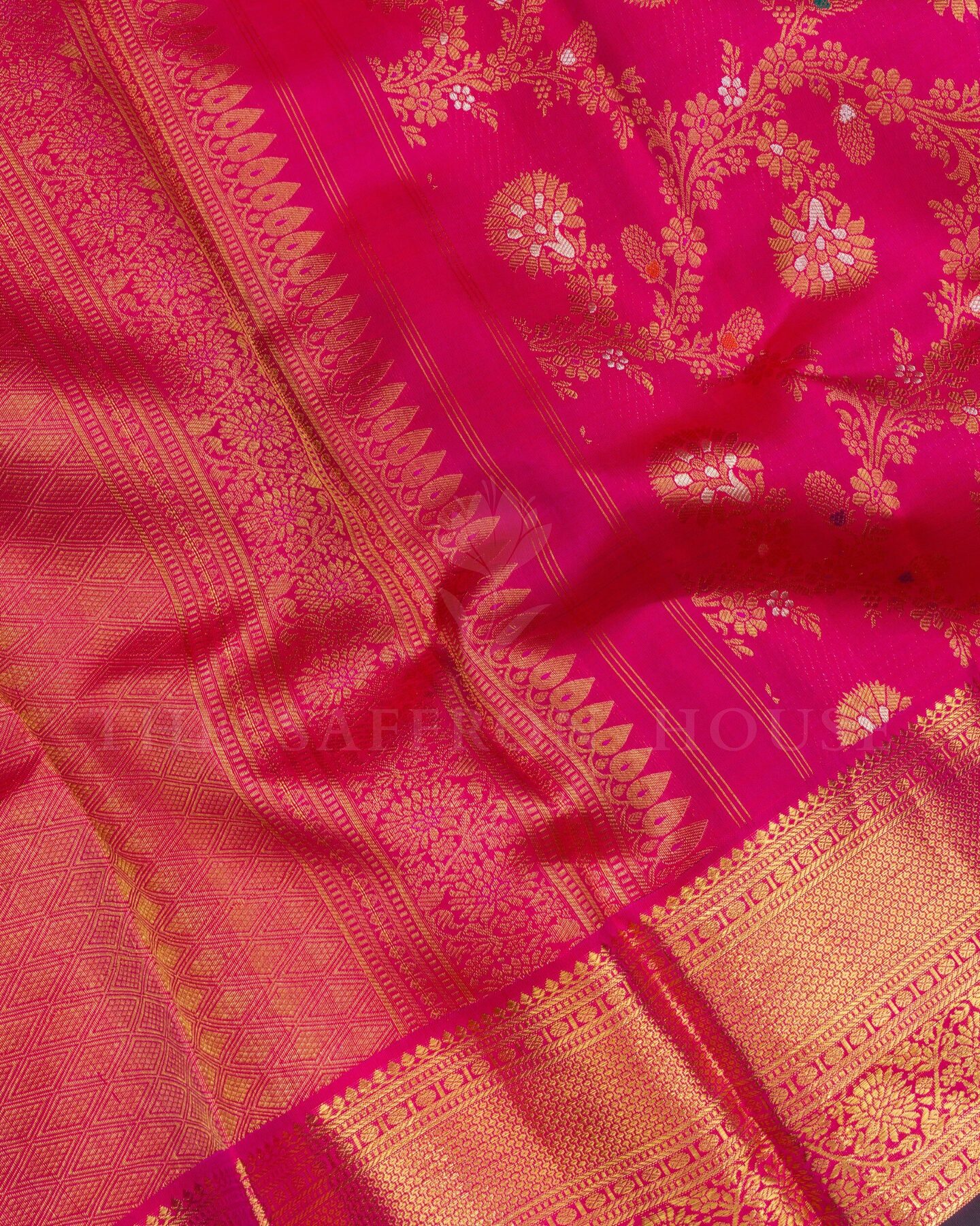 Rani Pink And Bottle Green Brocade Kanjivaram Silk Saree – The Saffron House