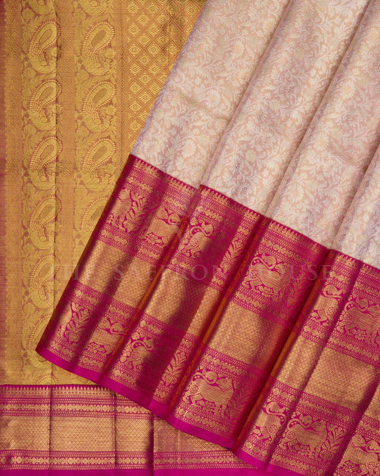 Rose Gold And Rani Pink Bridal Tissue Kanjivaram Silk Saree – The Saffron House