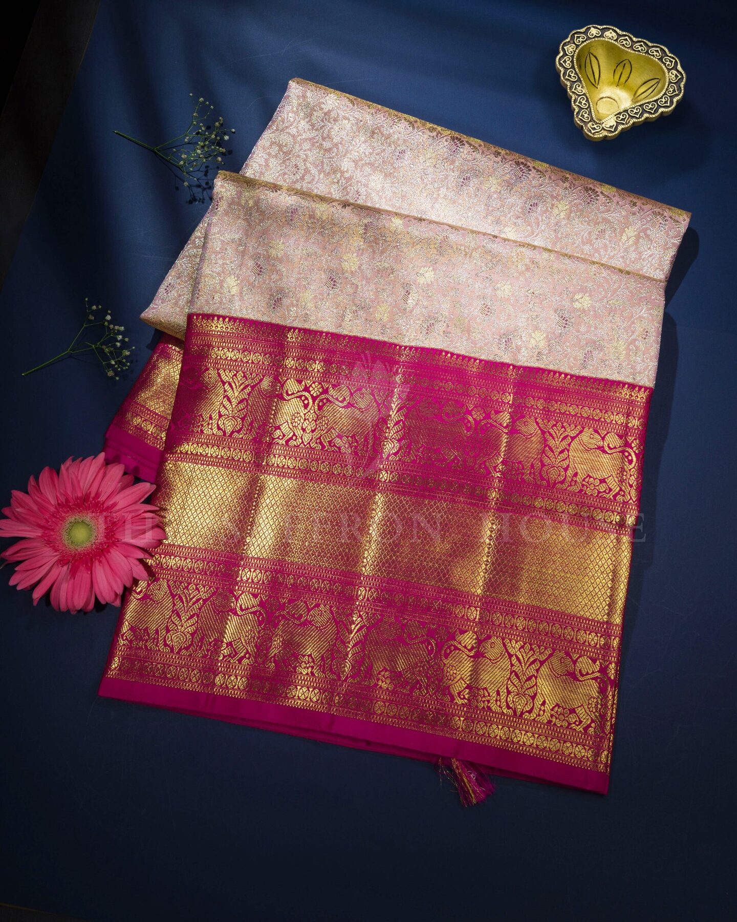 Rose Gold And Rani Pink Bridal Tissue Kanjivaram Silk Saree
