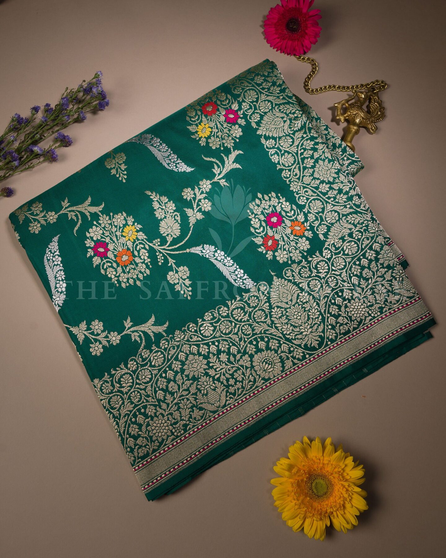 Bottle Green Katan Banarasi Silk Saree – The Saffron House
