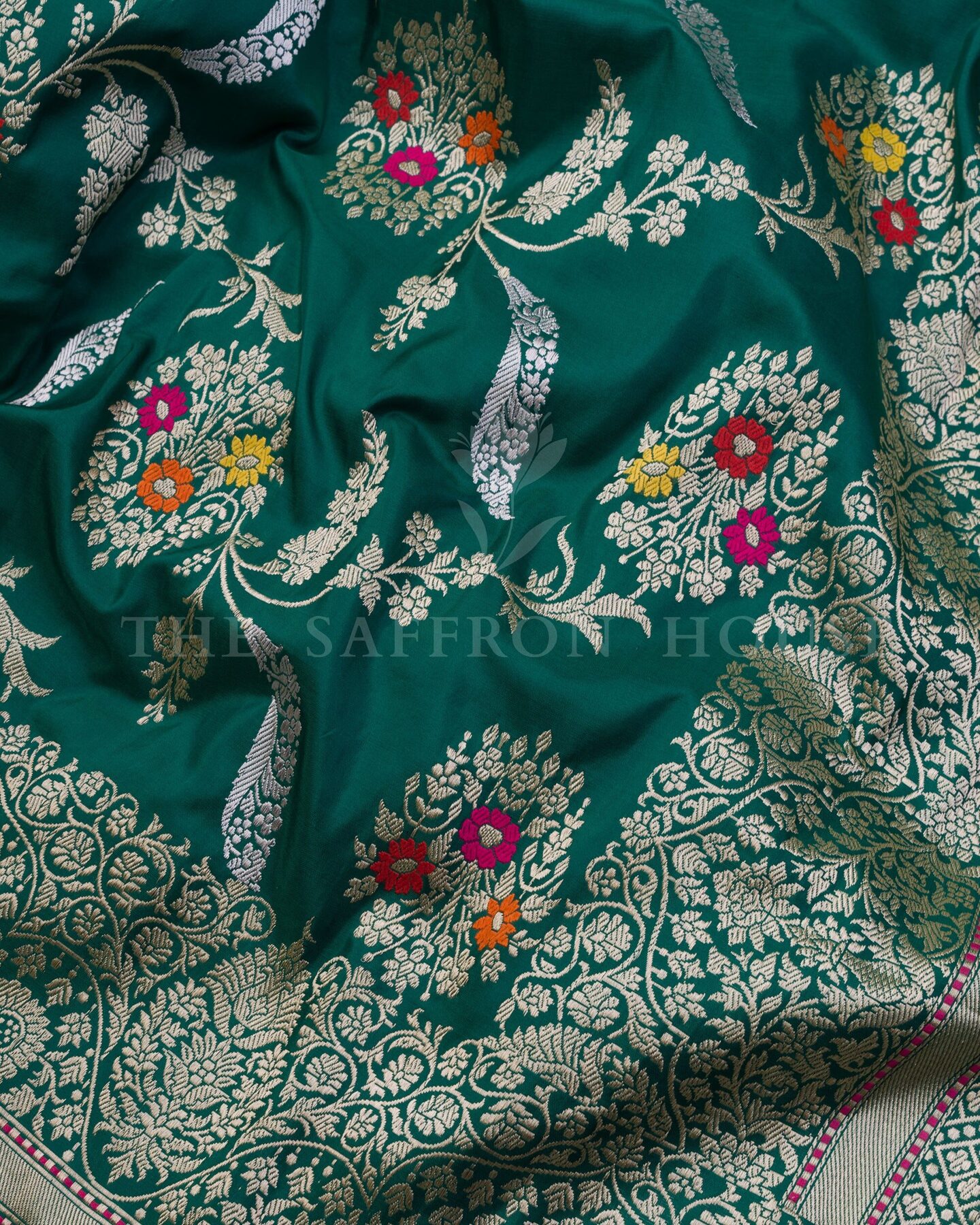 Bottle Green Katan Banarasi Silk Saree – The Saffron House