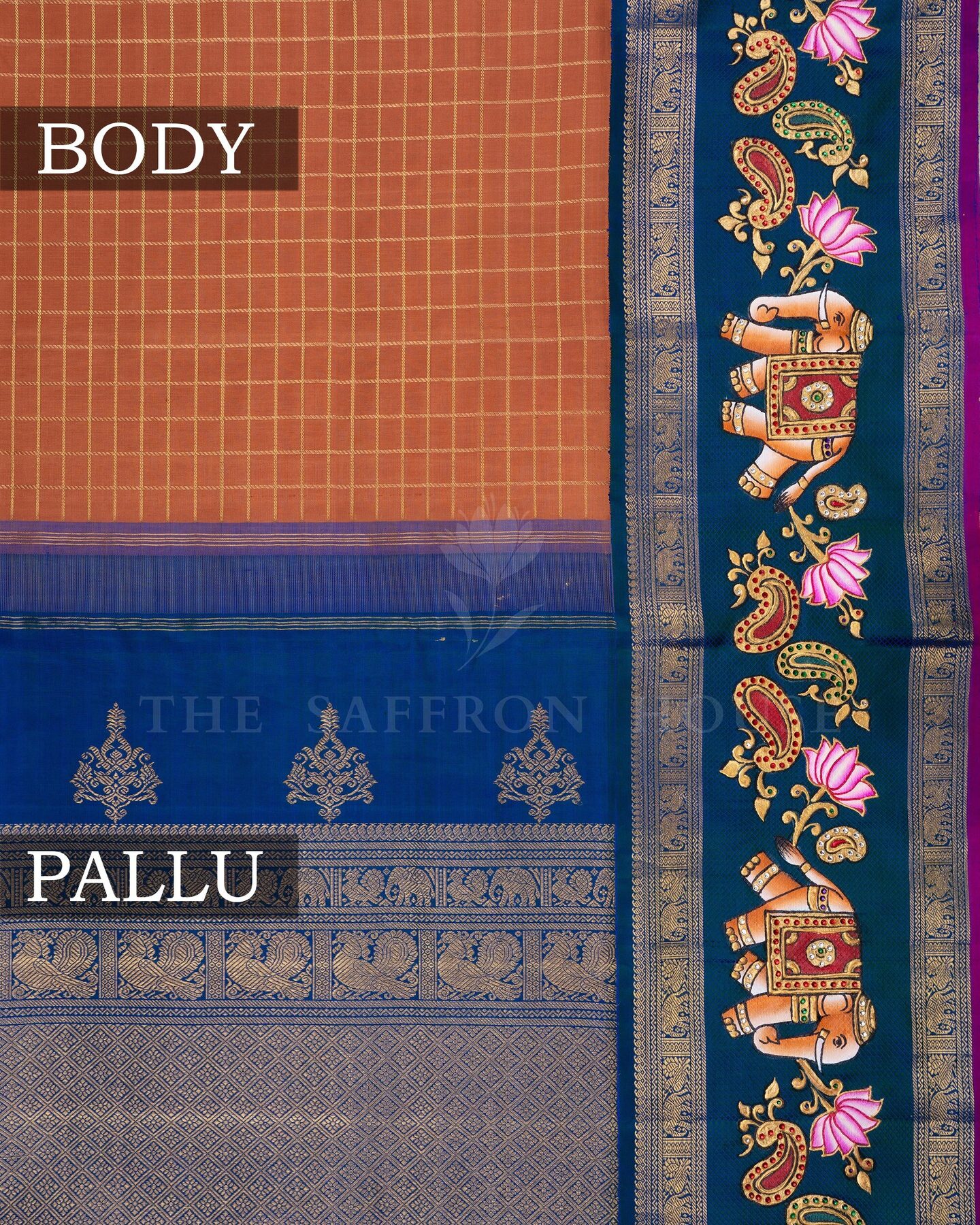 Rust Orange And Peacock Blue Korvai Kanjivaram Silk Saree – The Saffron House