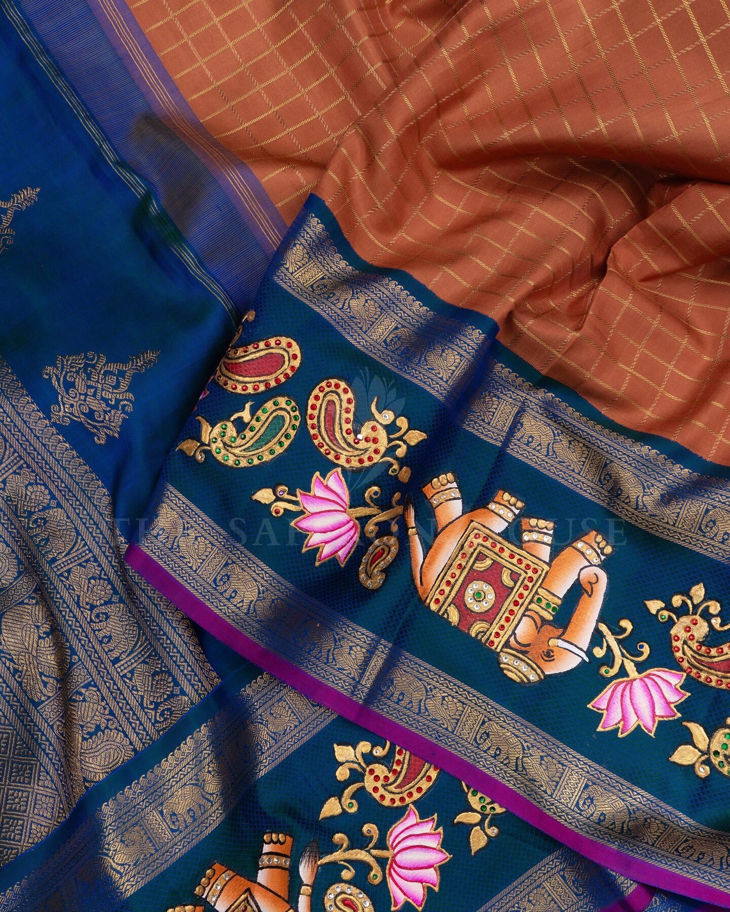 Rust Orange And Peacock Blue Korvai Kanjivaram Silk Saree – The Saffron House