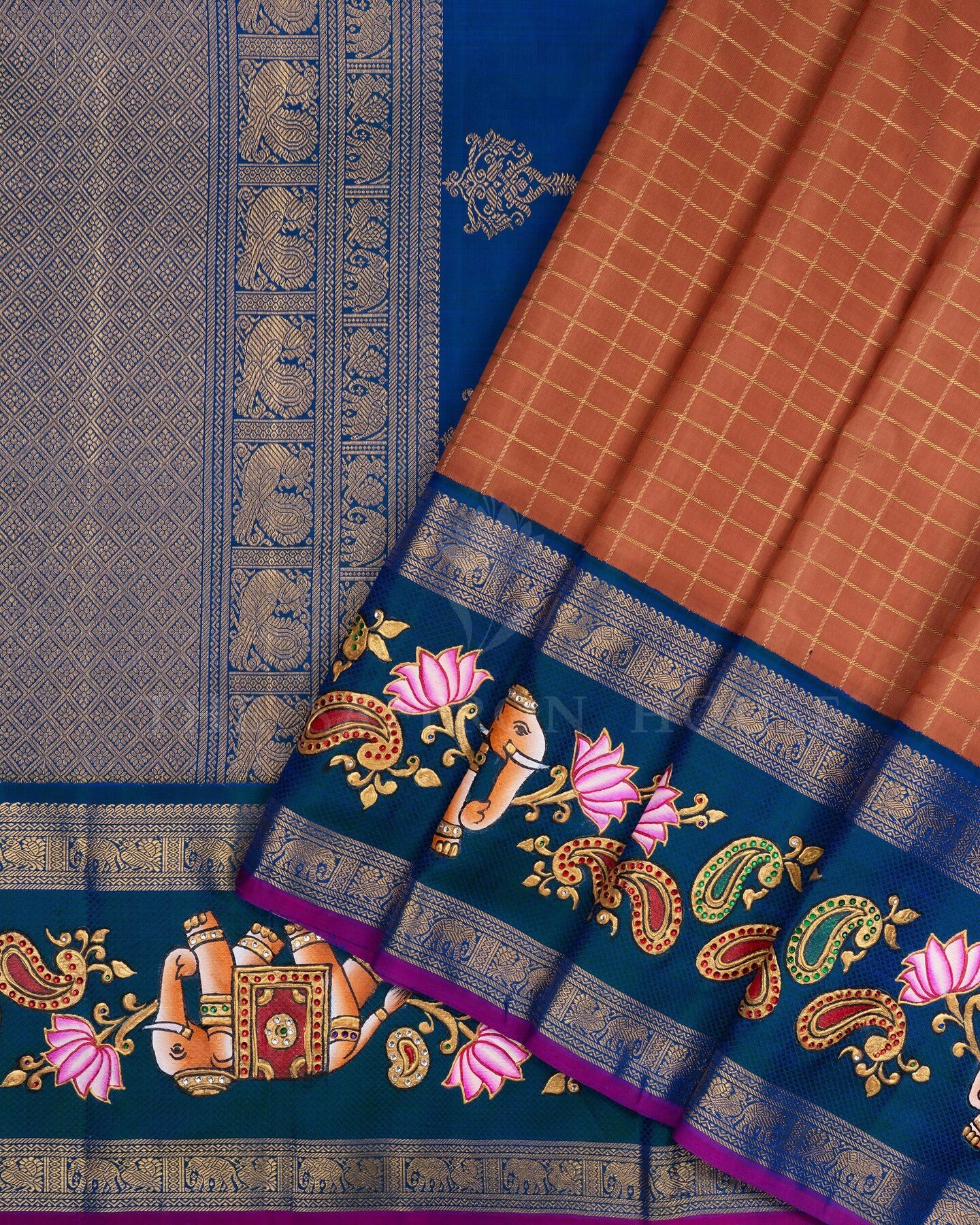 Rust Orange And Peacock Blue Korvai Kanjivaram Silk Saree